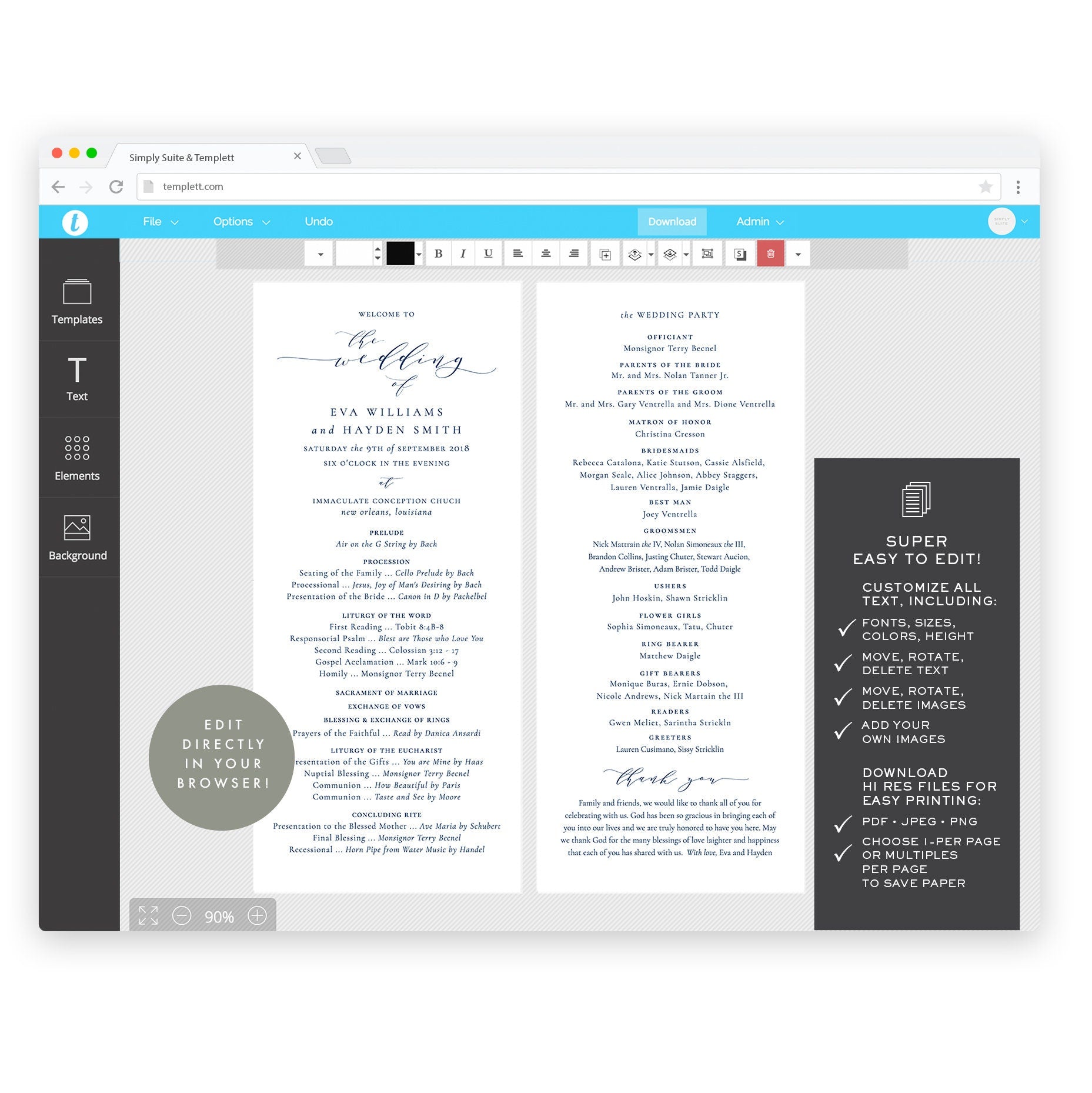 Navy Catholic Wedding Program Template: Calligraphy Printable (4x9 Instant Download)