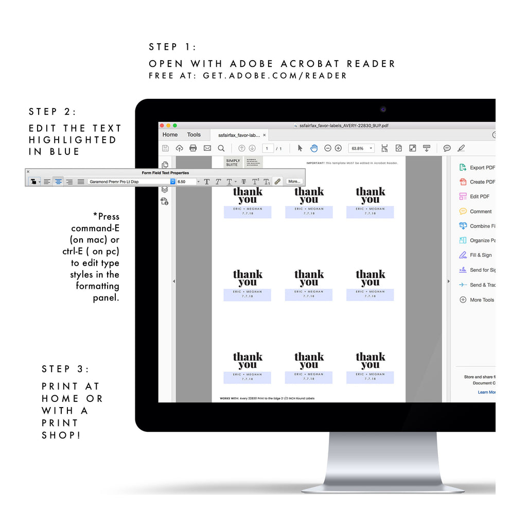 Fairfax Wedding Favor Sticker Template: Avery 22830 (PDF Instant Download)