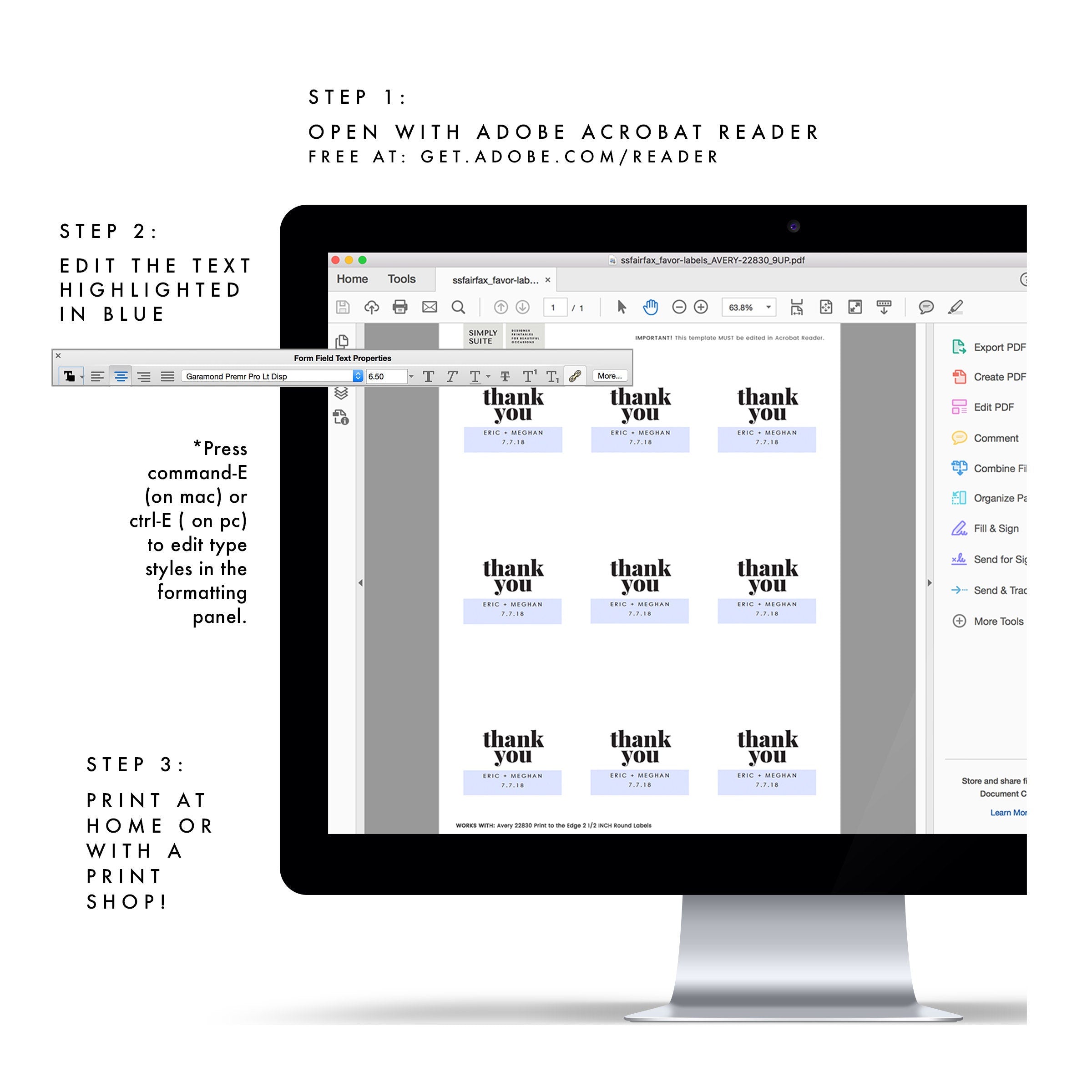 Fairfax Wedding Favor Sticker Template: Avery 22830 (PDF Instant Download)