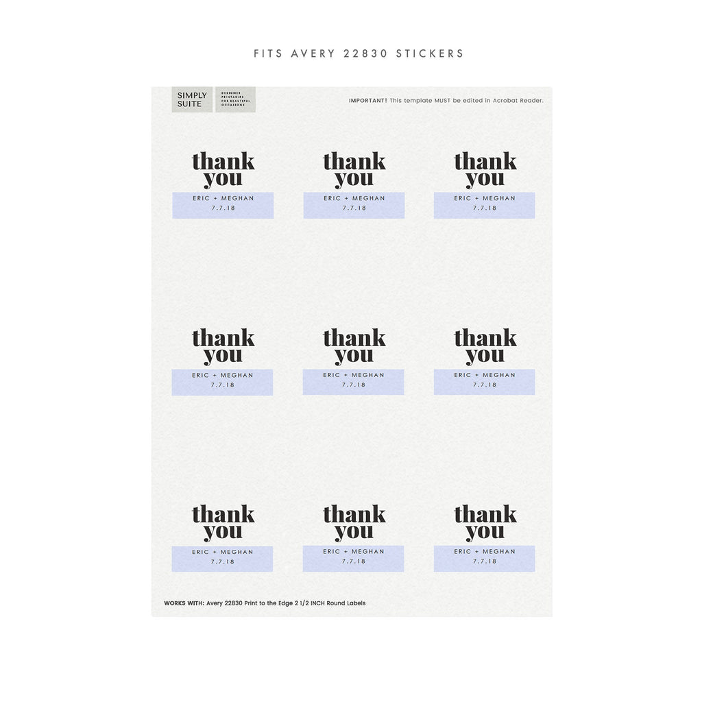 Fairfax Wedding Favor Sticker Template: Avery 22830 (PDF Instant Download)