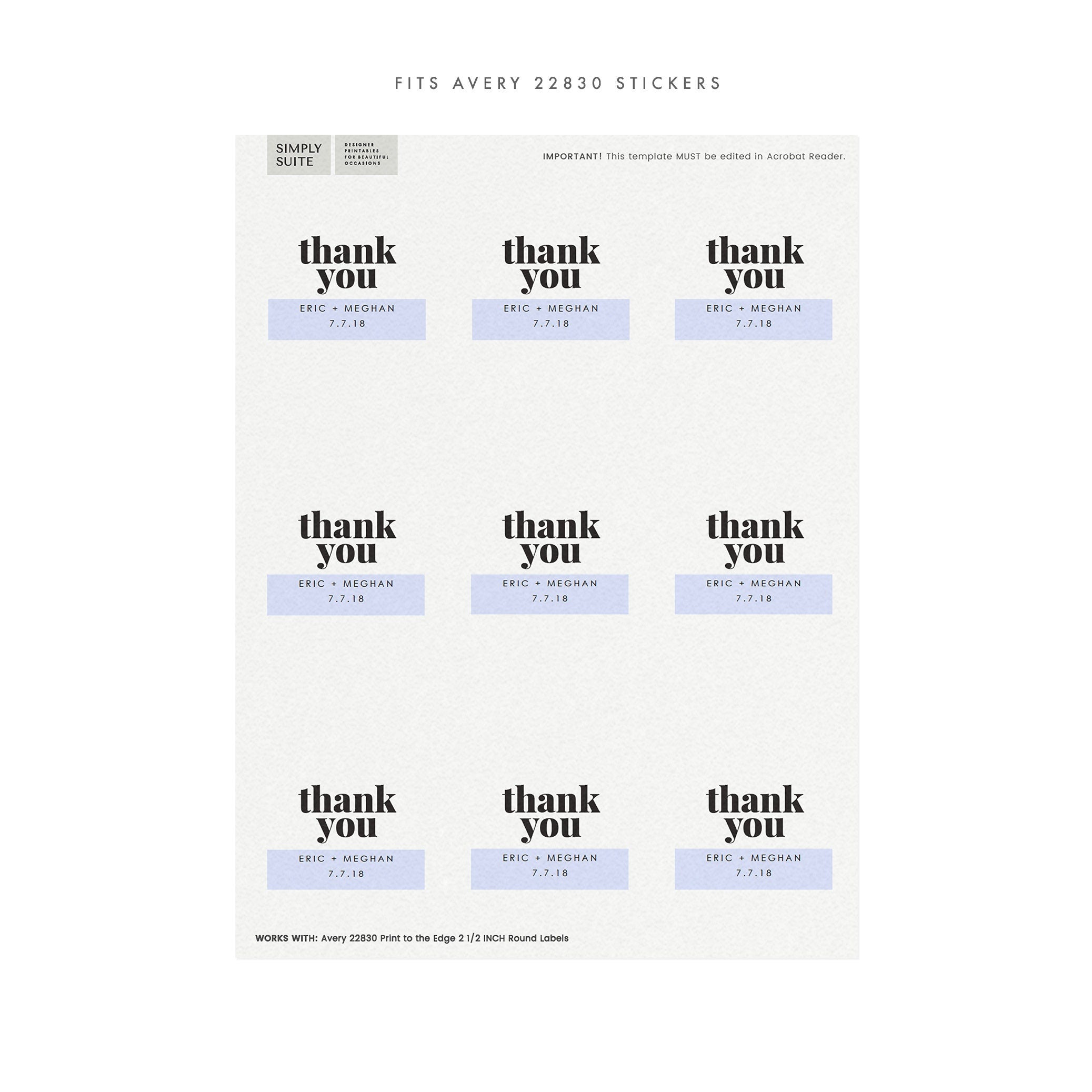 Fairfax Wedding Favor Sticker Template: Avery 22830 (PDF Instant Download)