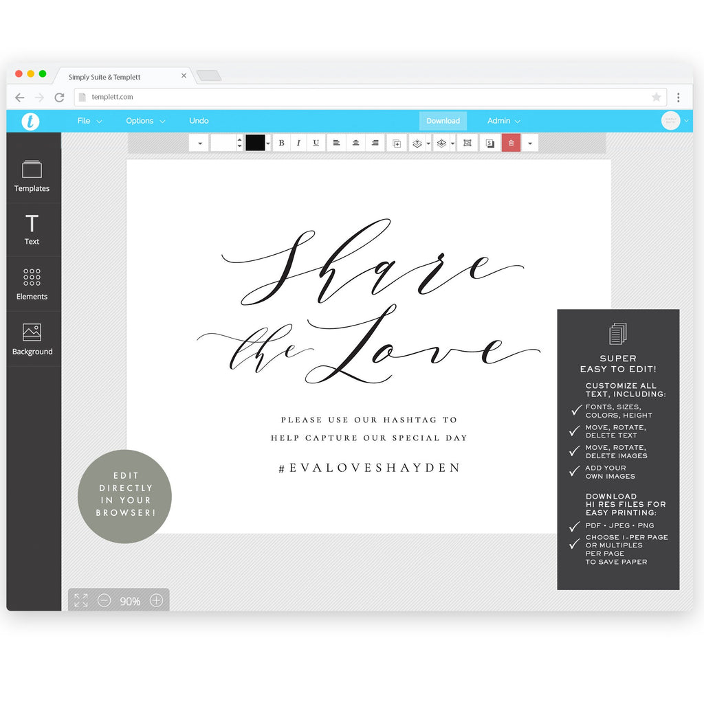 Wedding Social Media Sign: Share the Love, Printable Template (Digital Download)