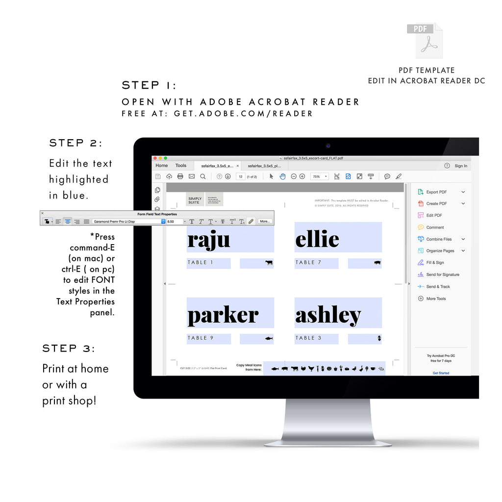 Fairfax: Escort Card Template with Meal Icons, 3.5x2, 3.5x5 Flat, Folded Tent Escort Card, Modern, Editable Place Card, PDF Instant Download