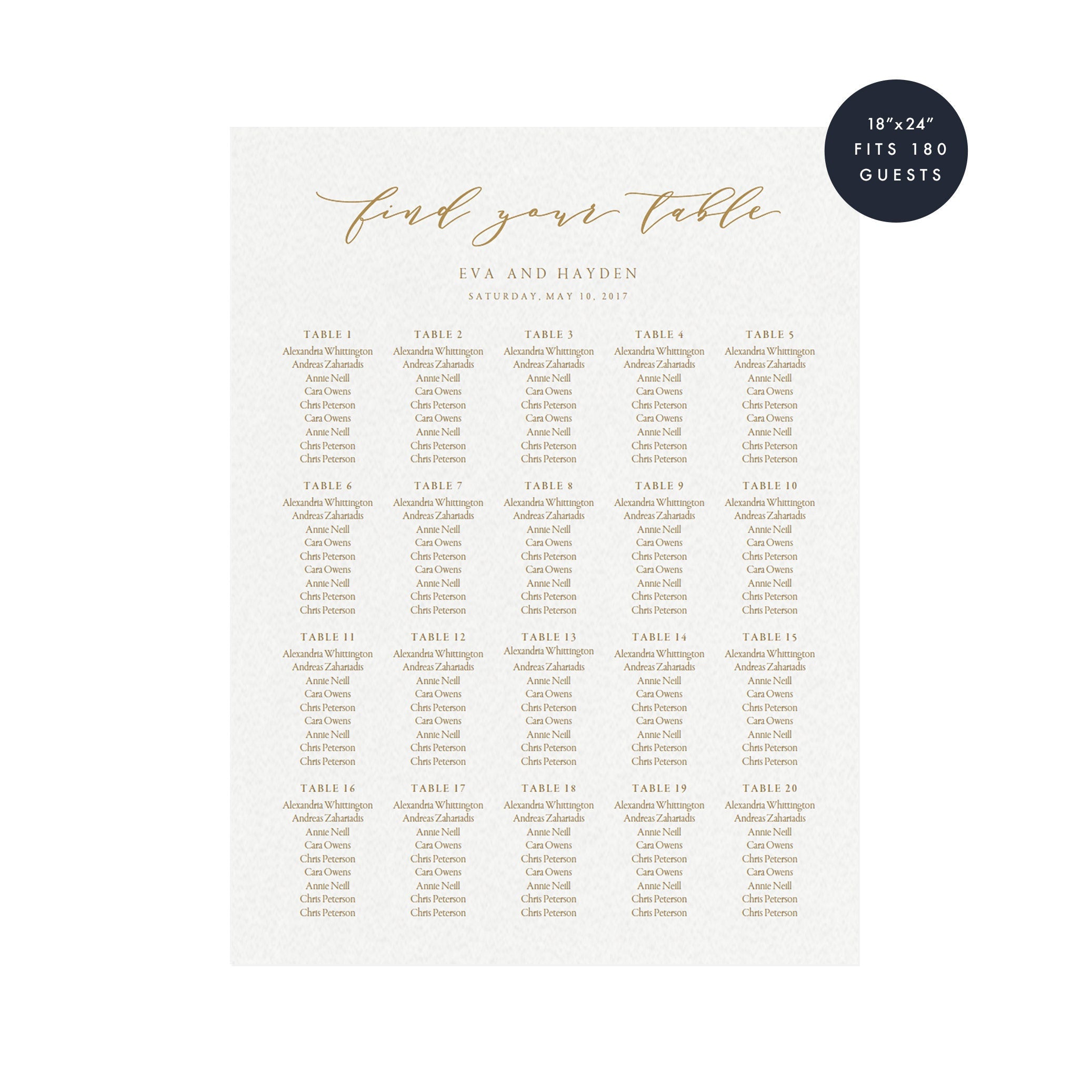 Gold Calligraphy Wedding Seating Chart Template (PDF Download)