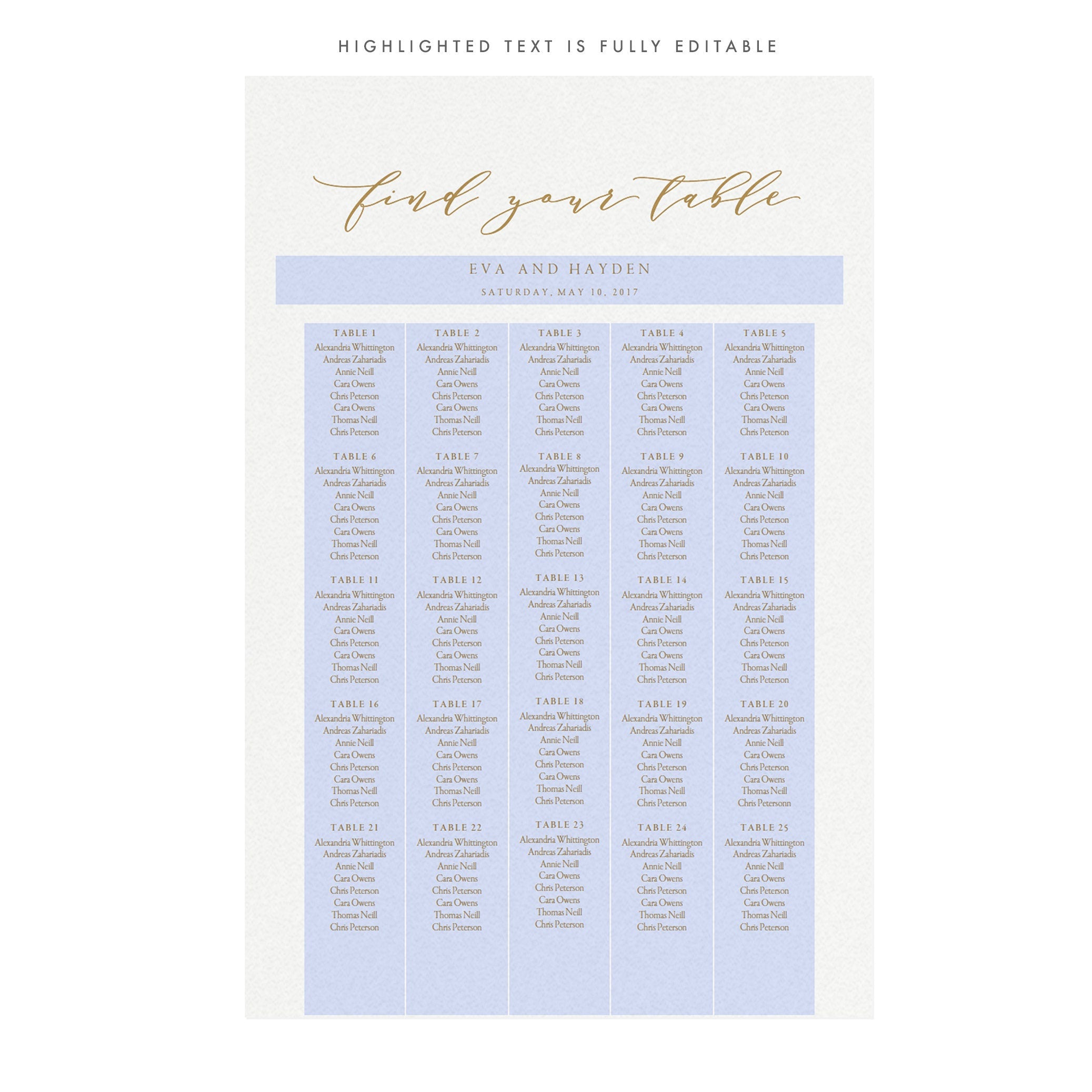 Gold Calligraphy Wedding Seating Chart Template (PDF Download)