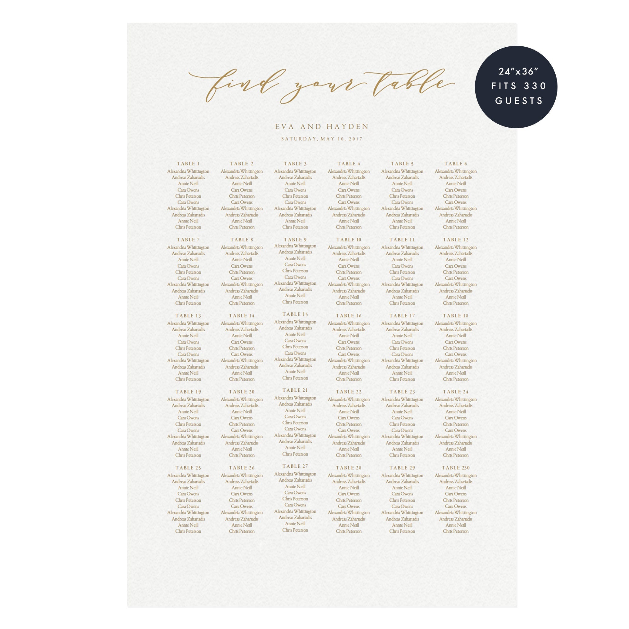 Gold Calligraphy Wedding Seating Chart Template (PDF Download)