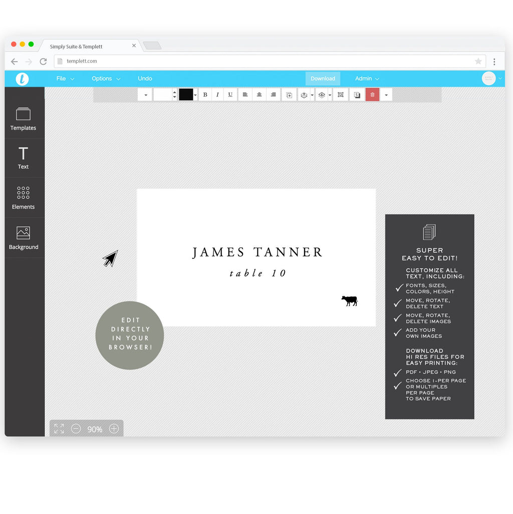 Gardner: Escort Card Printable Template in Black with Meal Icons, 3.5x2, AVERY 5302, Flat and Folded, Editable Templett Instant Download