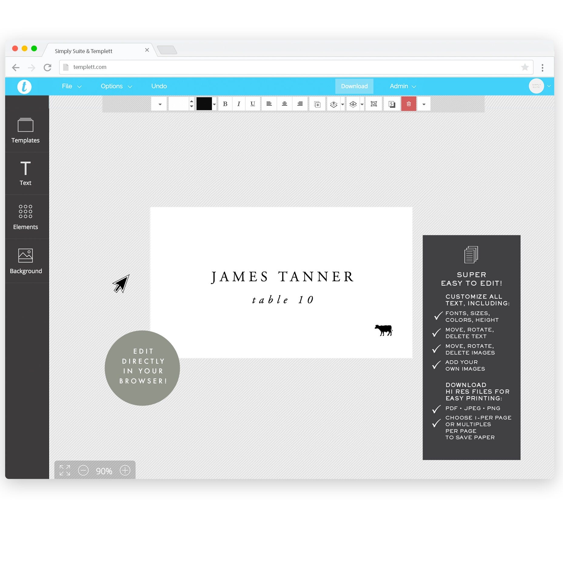 Gardner: Escort Card Printable Template in Black with Meal Icons, 3.5x2, AVERY 5302, Flat and Folded, Editable Templett Instant Download