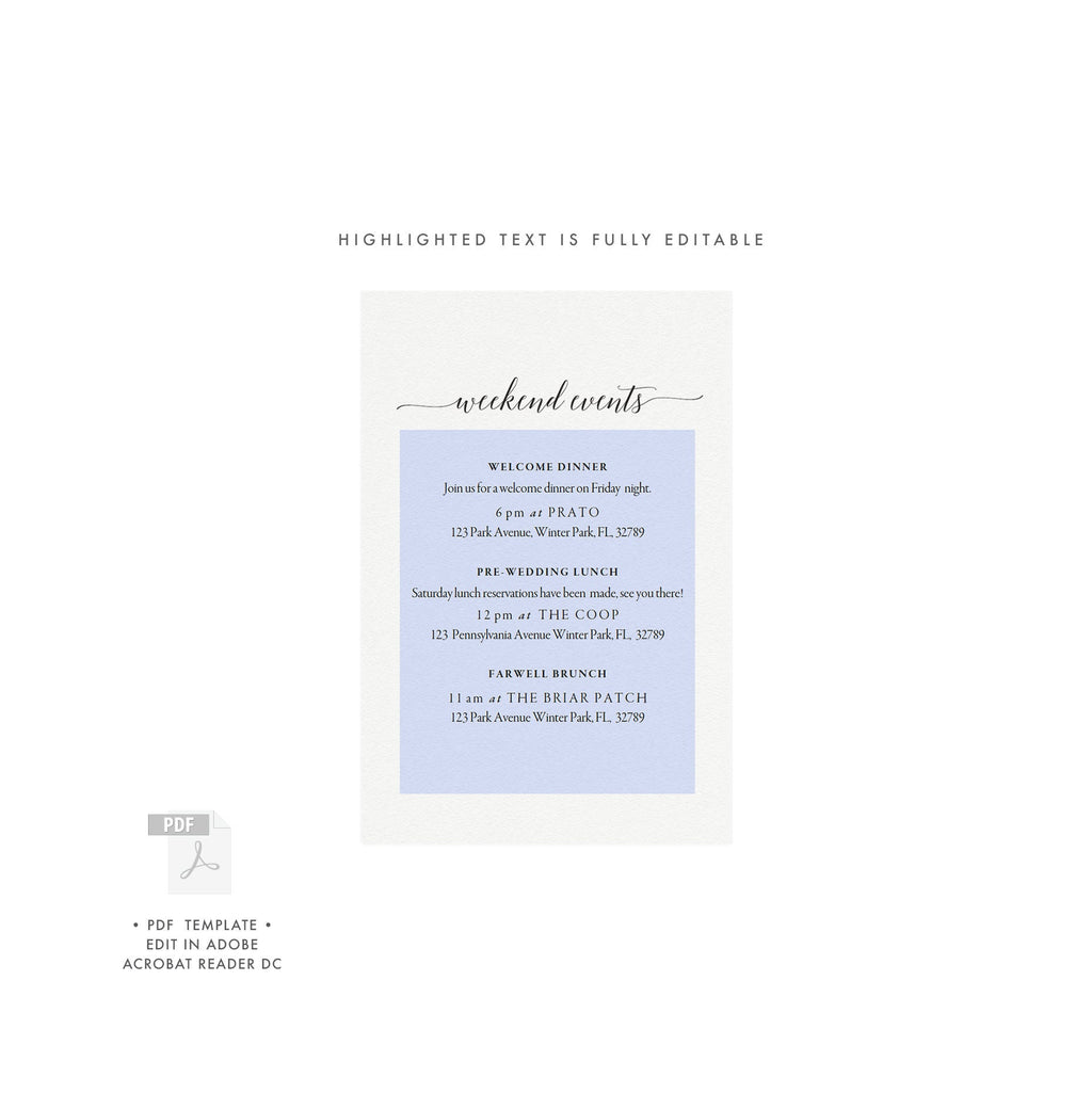 Wedding Weekend Itinerary Card: Printable Order of Events (PDF Download)