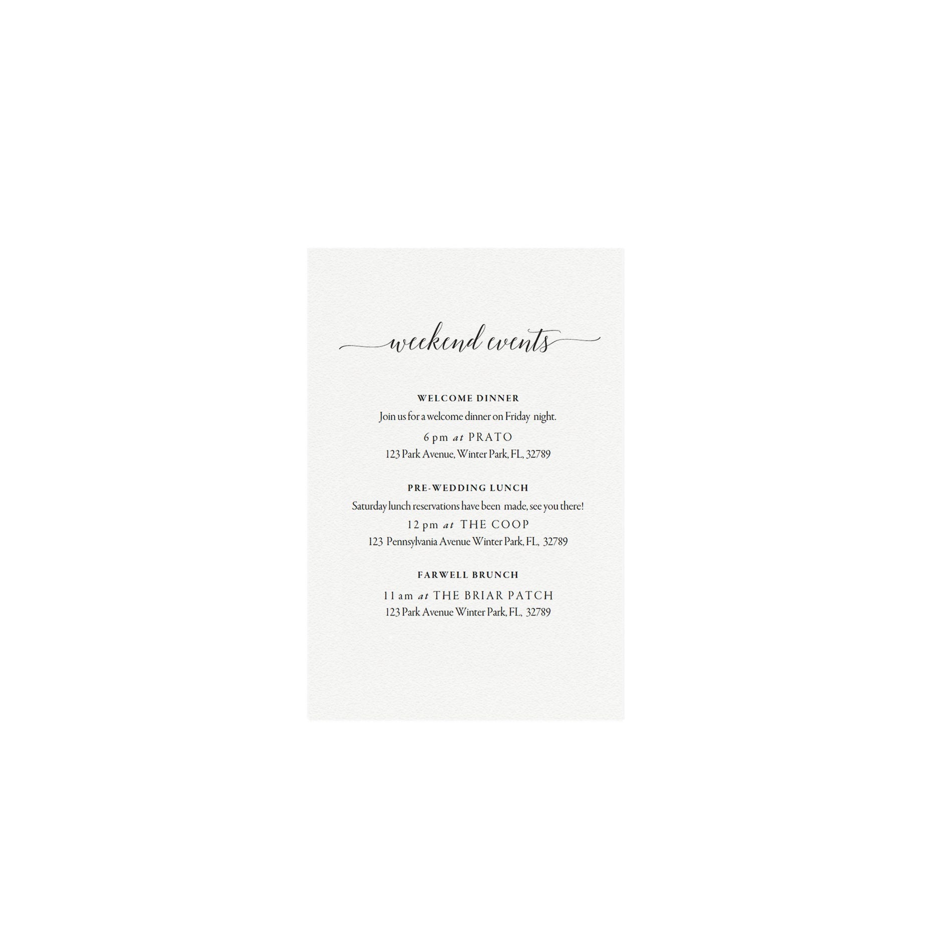 Wedding Weekend Itinerary Card: Printable Order of Events (PDF Download)