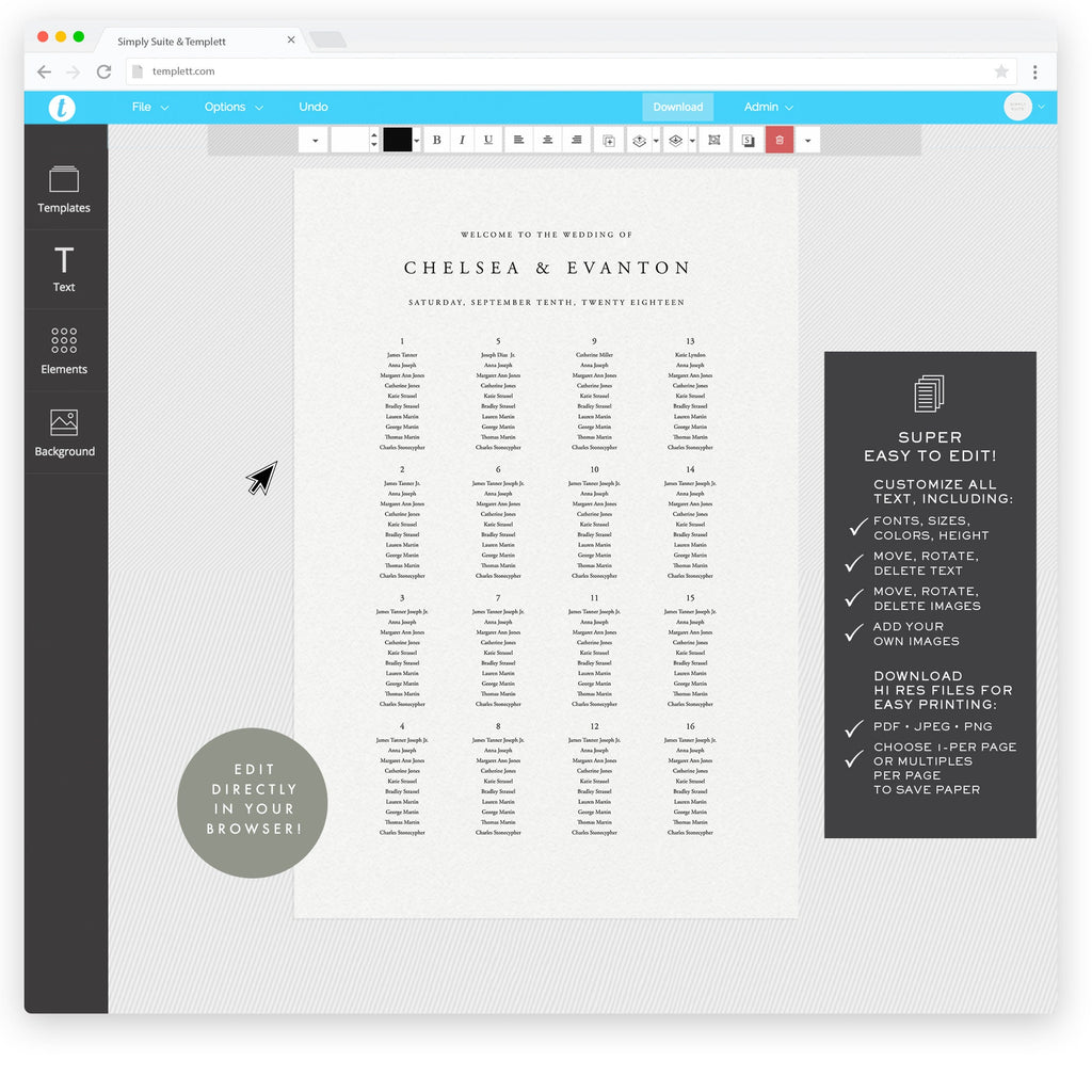 Wedding Seating Chart Poster Template: Elegant Gardner Design (Instant Download)