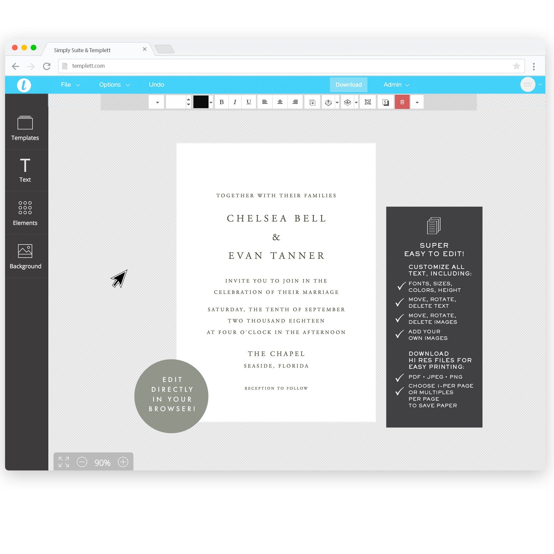 Elegant Serif Wedding Invitation Template: Slate Gray, 5x7 (Templett Instant Download)