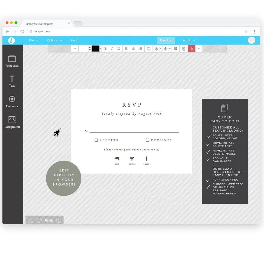 Elegant Slate Gray RSVP Card Template with Meal Icons (Digital Download)