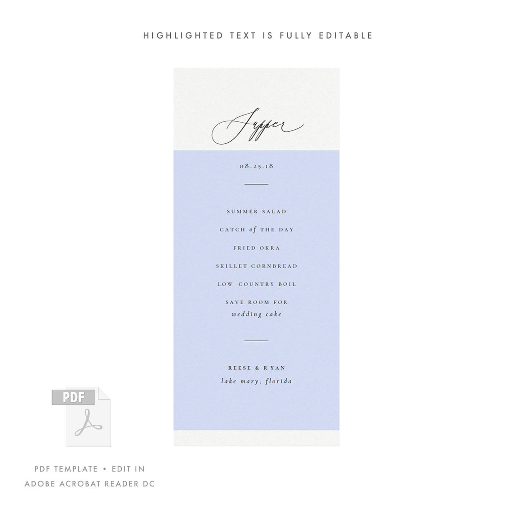 Calligraphy Wedding Menu Template: Minimalist Dinner Party (Editable PDF)