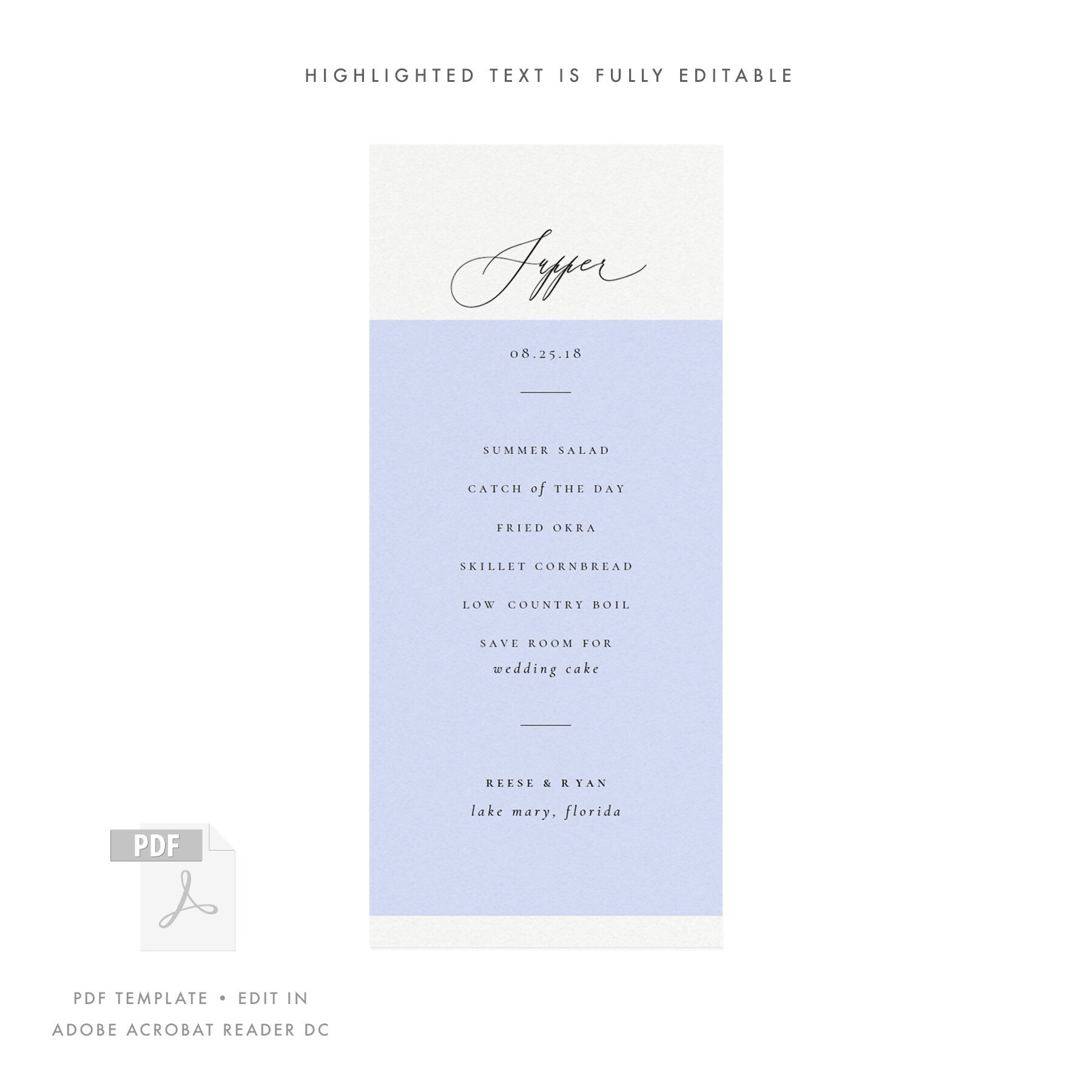 Calligraphy Wedding Menu Template: Minimalist Dinner Party (Editable PDF)