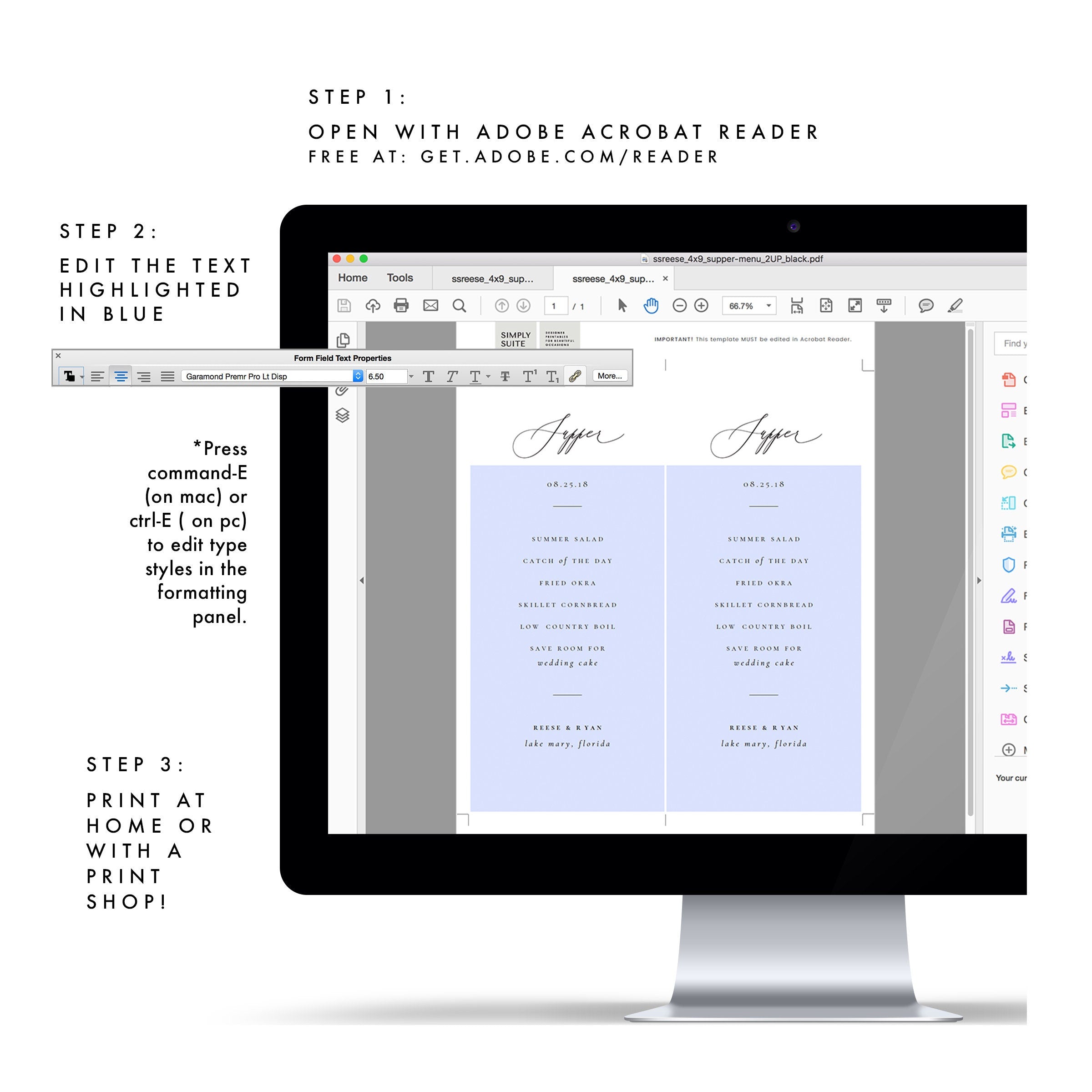 Calligraphy Wedding Menu Template: Minimalist Dinner Party (Editable PDF)
