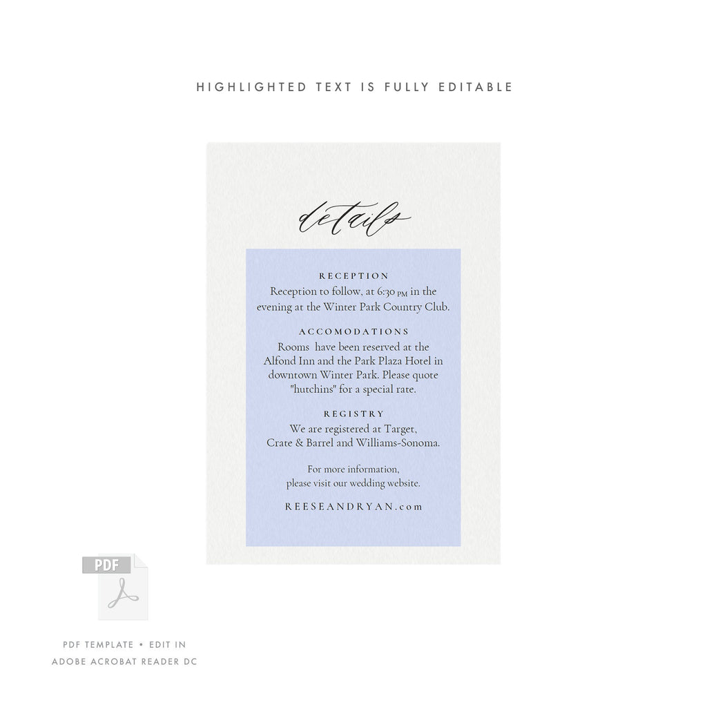 Calligraphy Wedding Details Card: 4-Bar Printable Template (PDF Download)