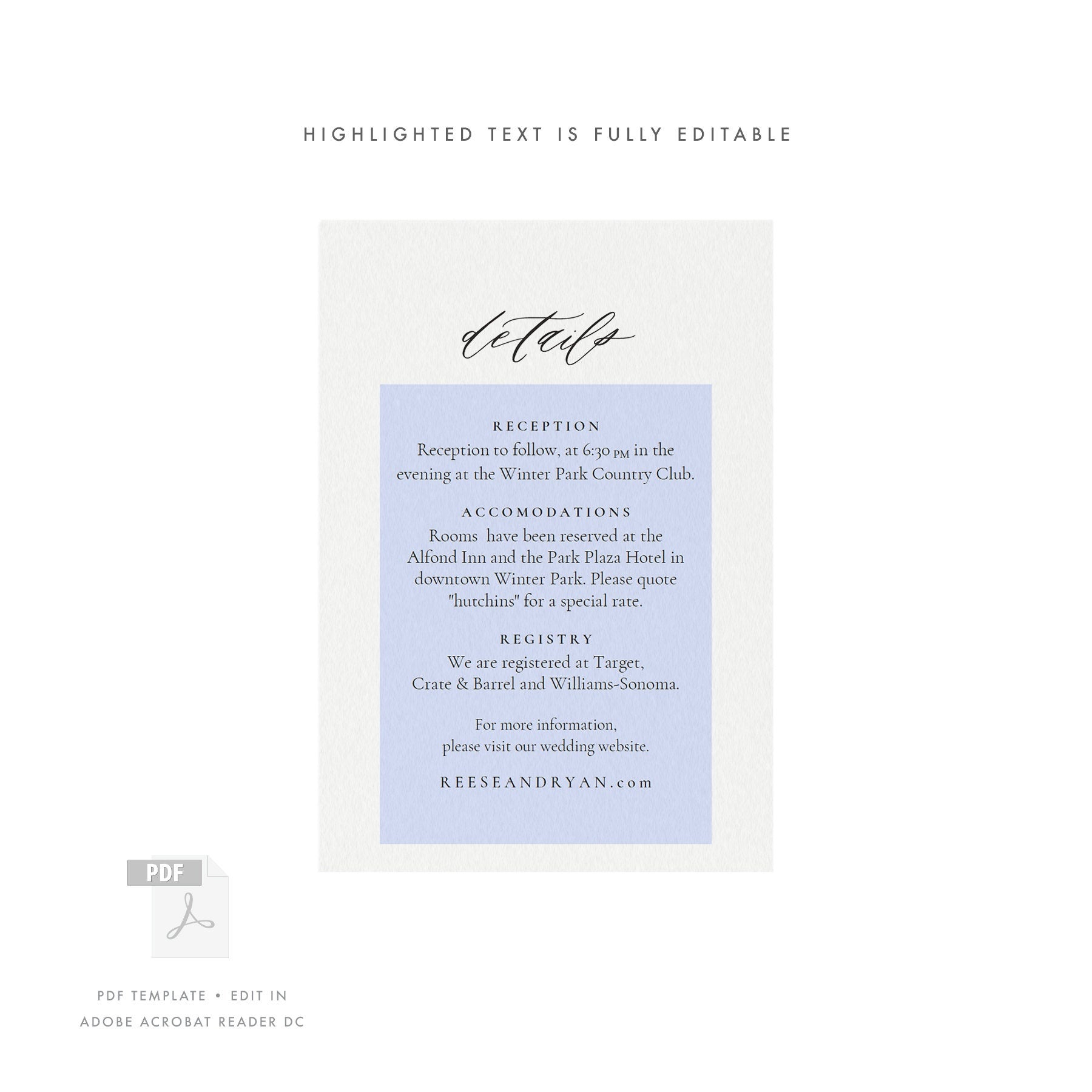 Calligraphy Wedding Details Card: 4-Bar Printable Template (PDF Download)
