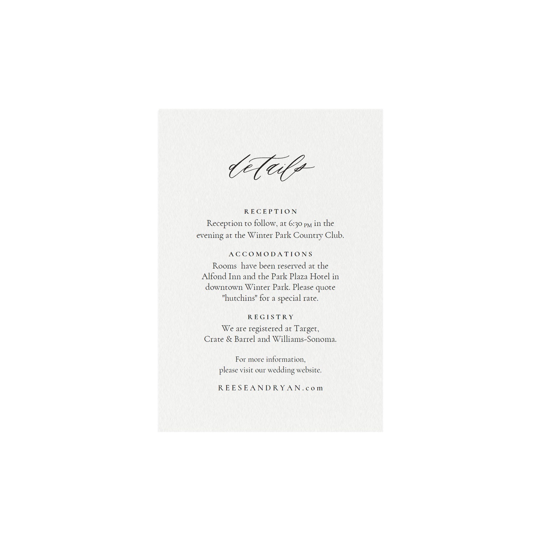 Calligraphy Wedding Details Card: 4-Bar Printable Template (PDF Download)