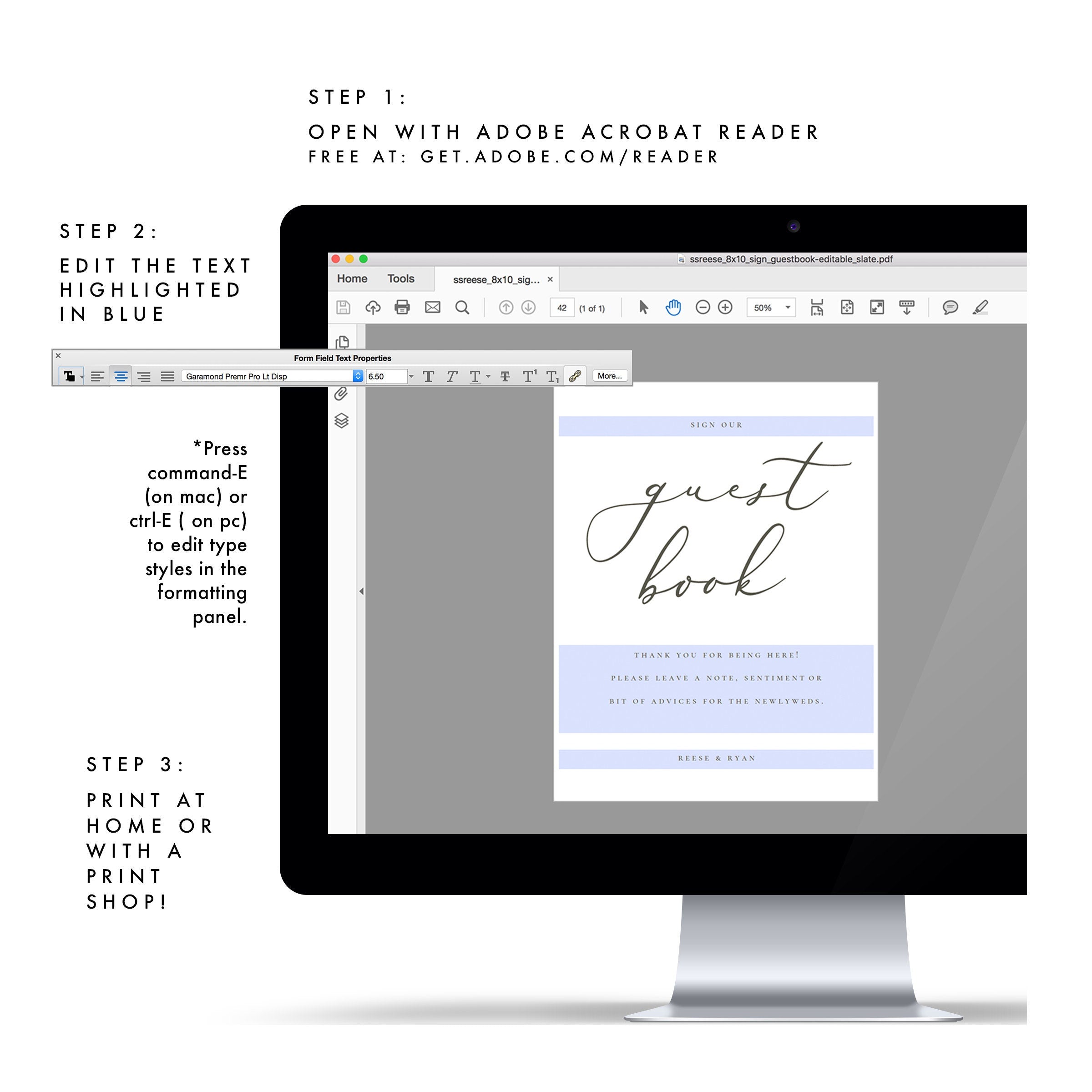 Slate Gray Wedding Guest Book Sign Template: Reese, 5x7 or 8x10 (PDF Instant Download)