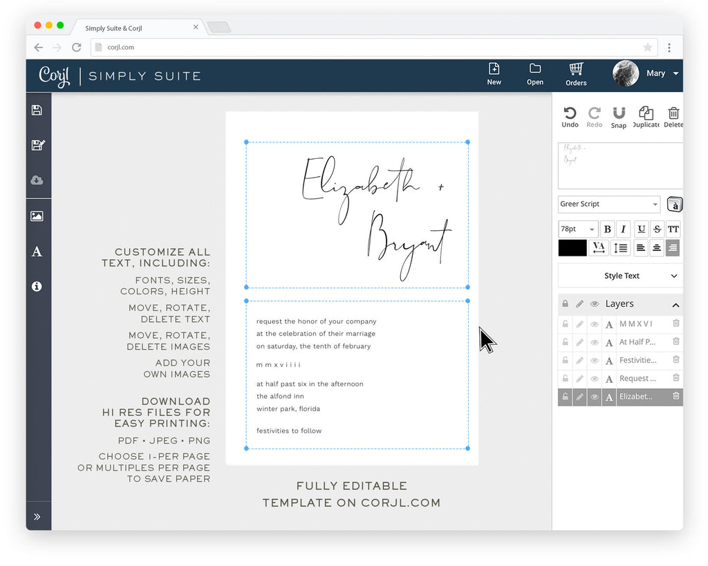 Calligraphy Wedding Invitation Template: 5x7 Instant Download (Corjl/Templett)