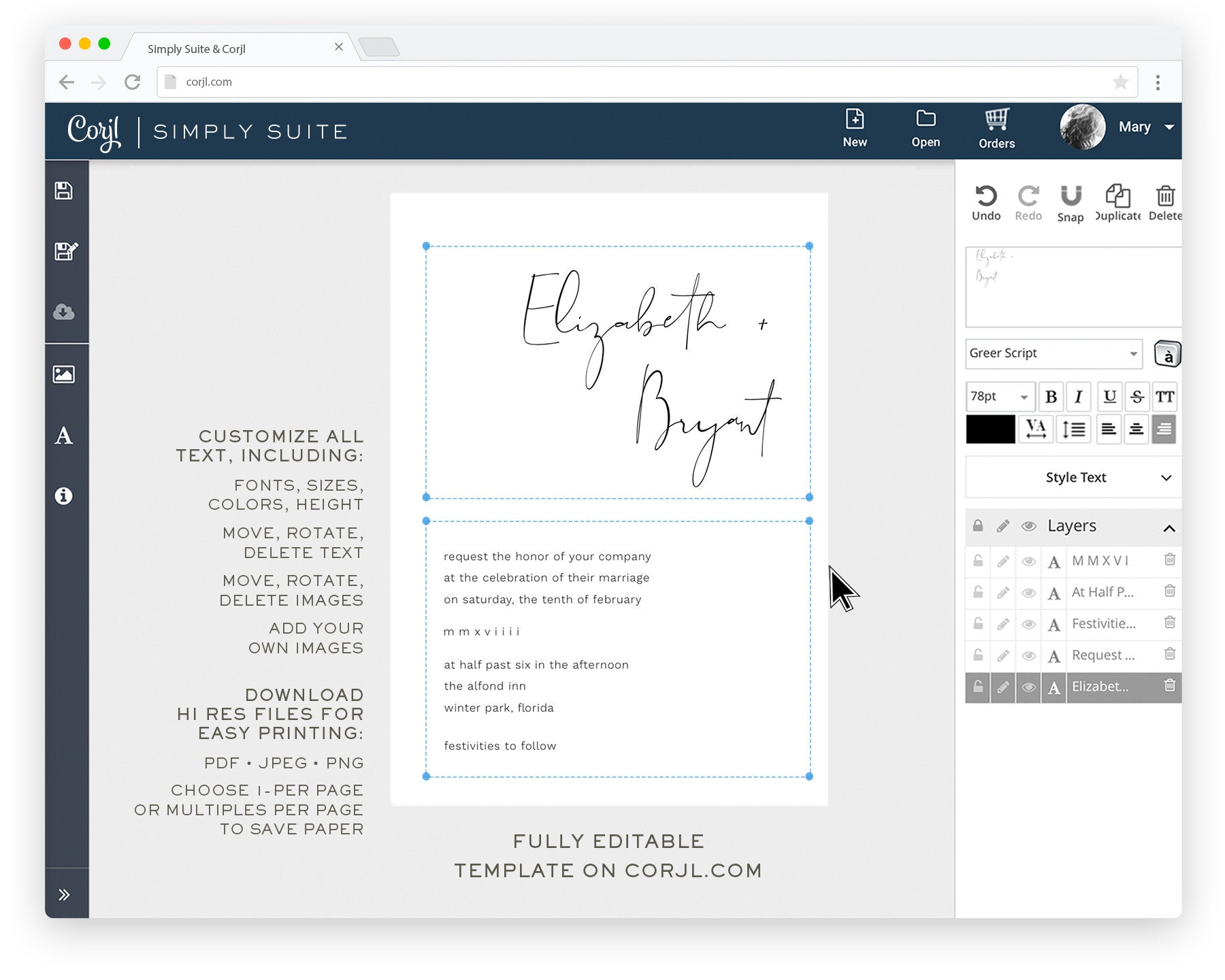 Calligraphy Wedding Invitation Template: 5x7 Instant Download (Corjl/Templett)