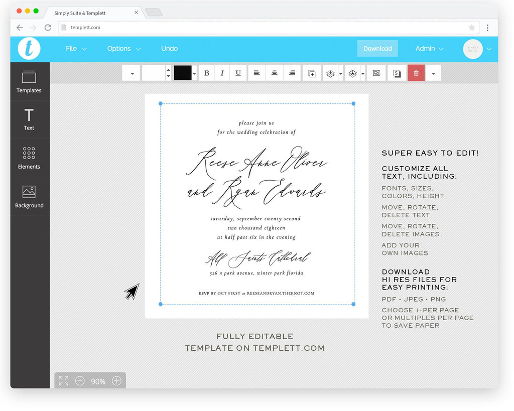 Elegant Calligraphy Wedding Invitation Template: 5x5 Square (Instant Download)