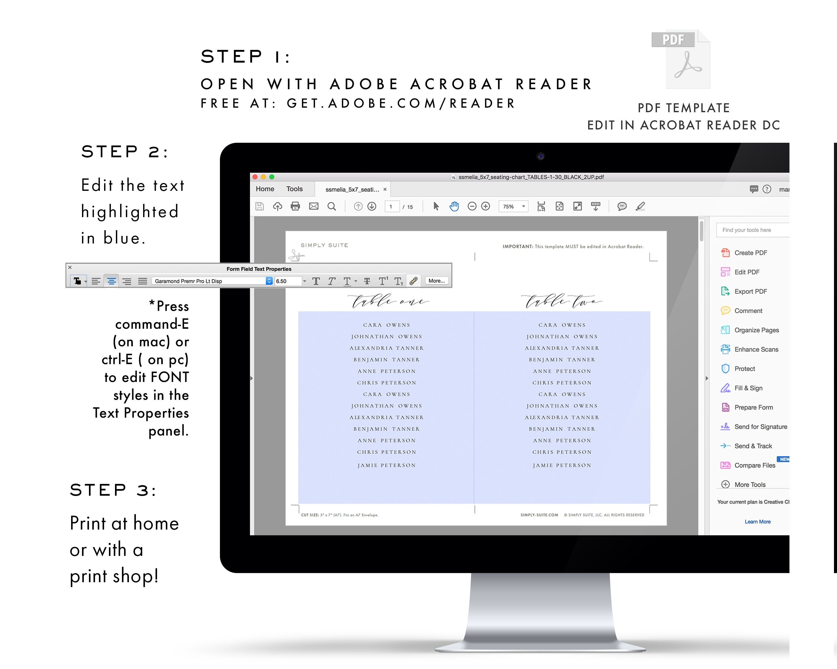 Hanging Wedding Seating Chart Template: Melia, Tables 1-30 (Editable PDF)