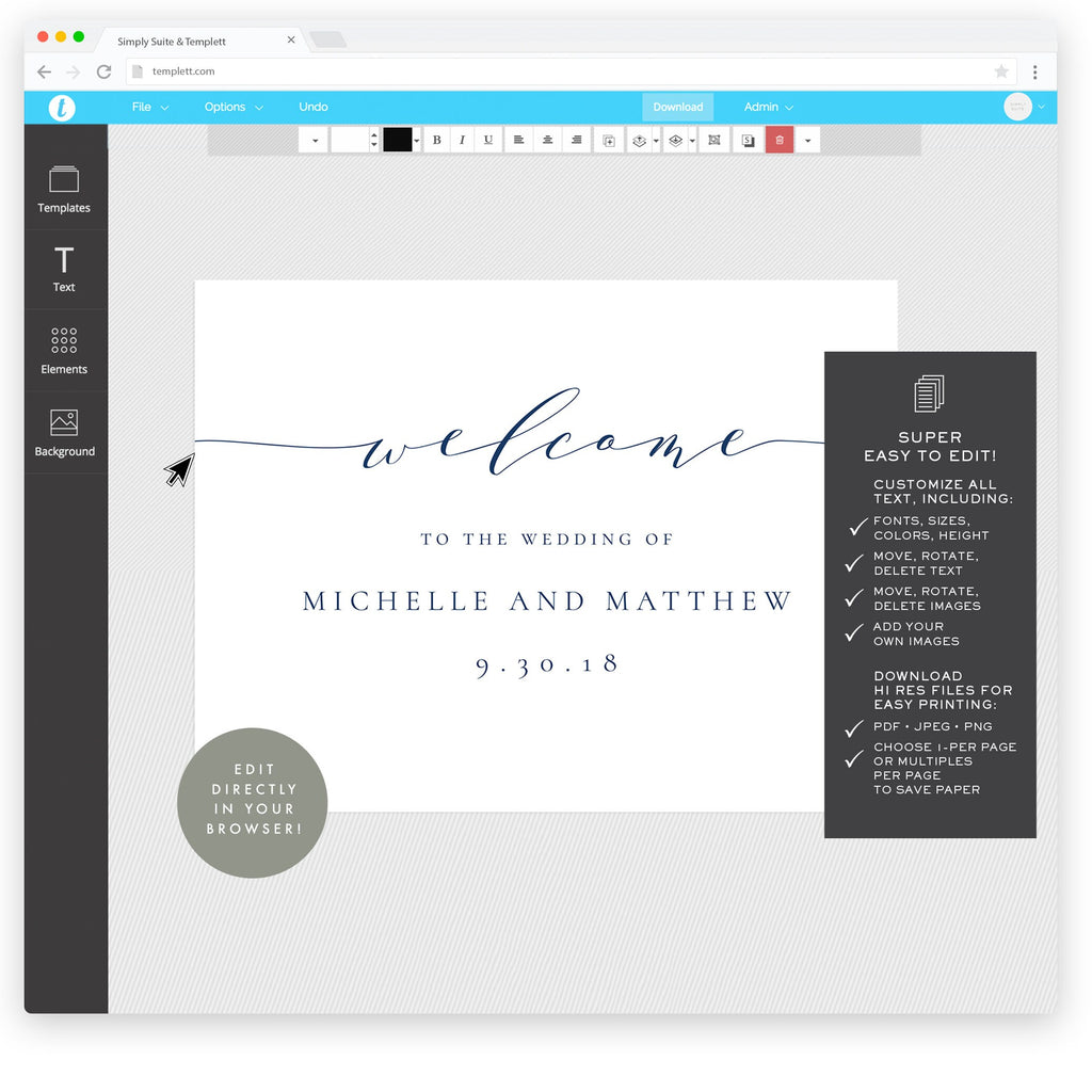 Navy Blue Wedding Welcome Sign: Calligraphy Template (Digital Download)