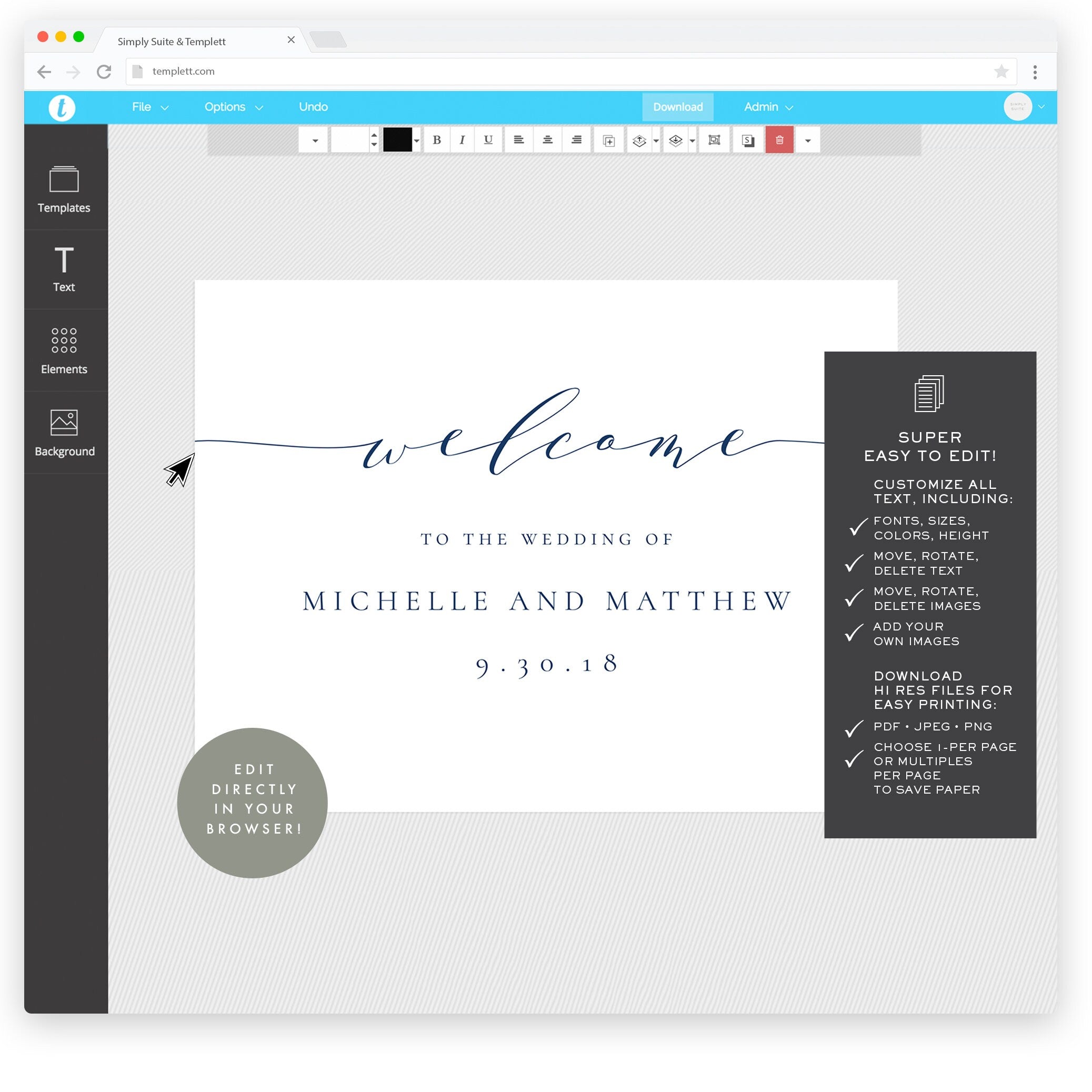 Navy Blue Wedding Welcome Sign: Calligraphy Template (Digital Download)