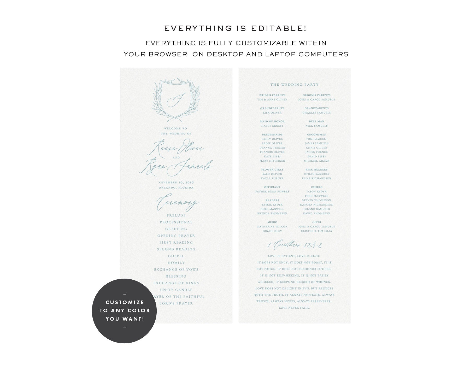 Calligraphy Wedding Program Template: Editable Monogram Crest (4x9 Printable)