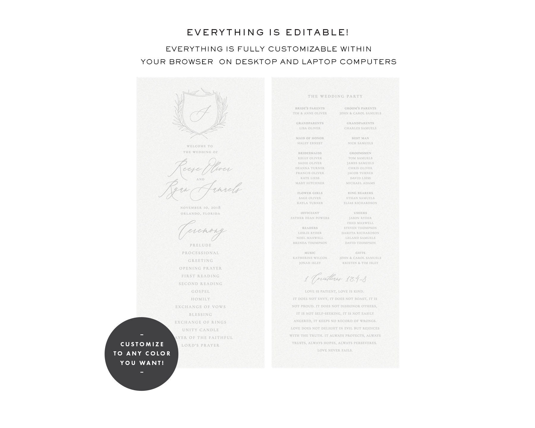 Blue Gray Wedding Program Template: Calligraphy Monogram (Instant Download)