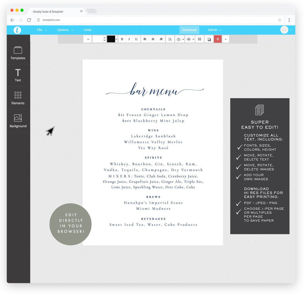 Navy Calligraphy Bar Menu Template: Wedding Reception Sign (Digital Download)