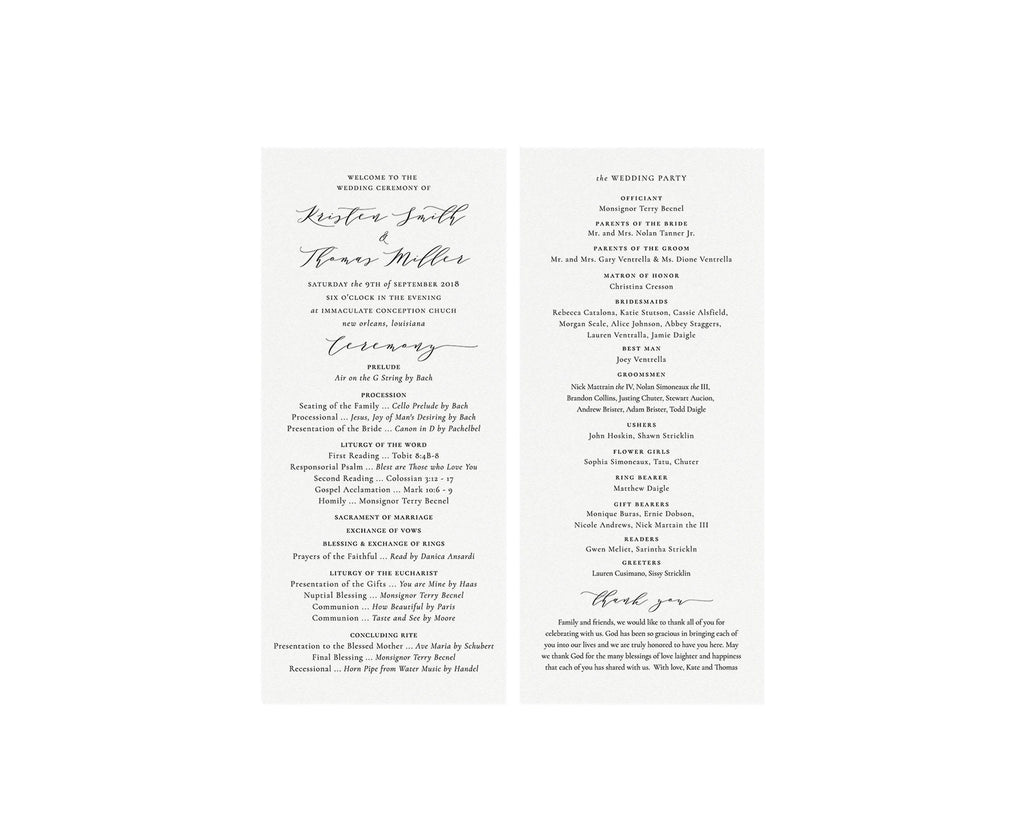 Calligraphy Wedding Program Template: Melia, Catholic 4x9 (Instant Download)