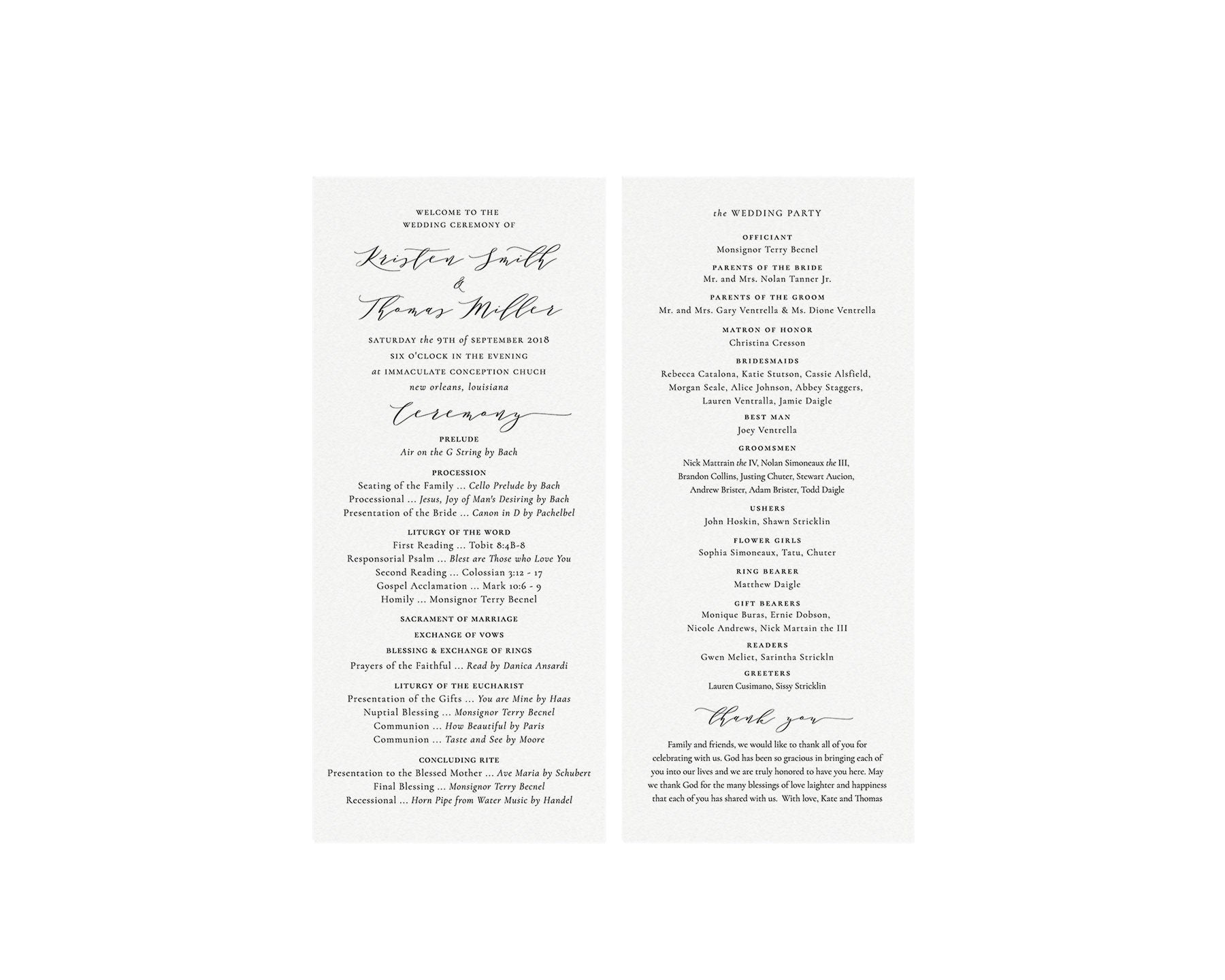 Calligraphy Wedding Program Template: Melia, Catholic 4x9 (Instant Download)