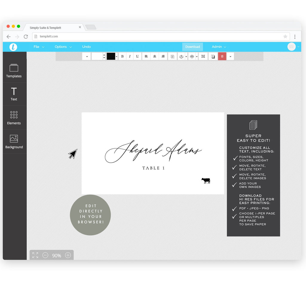 Adler: Escort Card Printable Template with Meal Icons, 3.5x2 FLAT and FOLDED, Calligraphy Tented Place Cards, Templett Instant Download