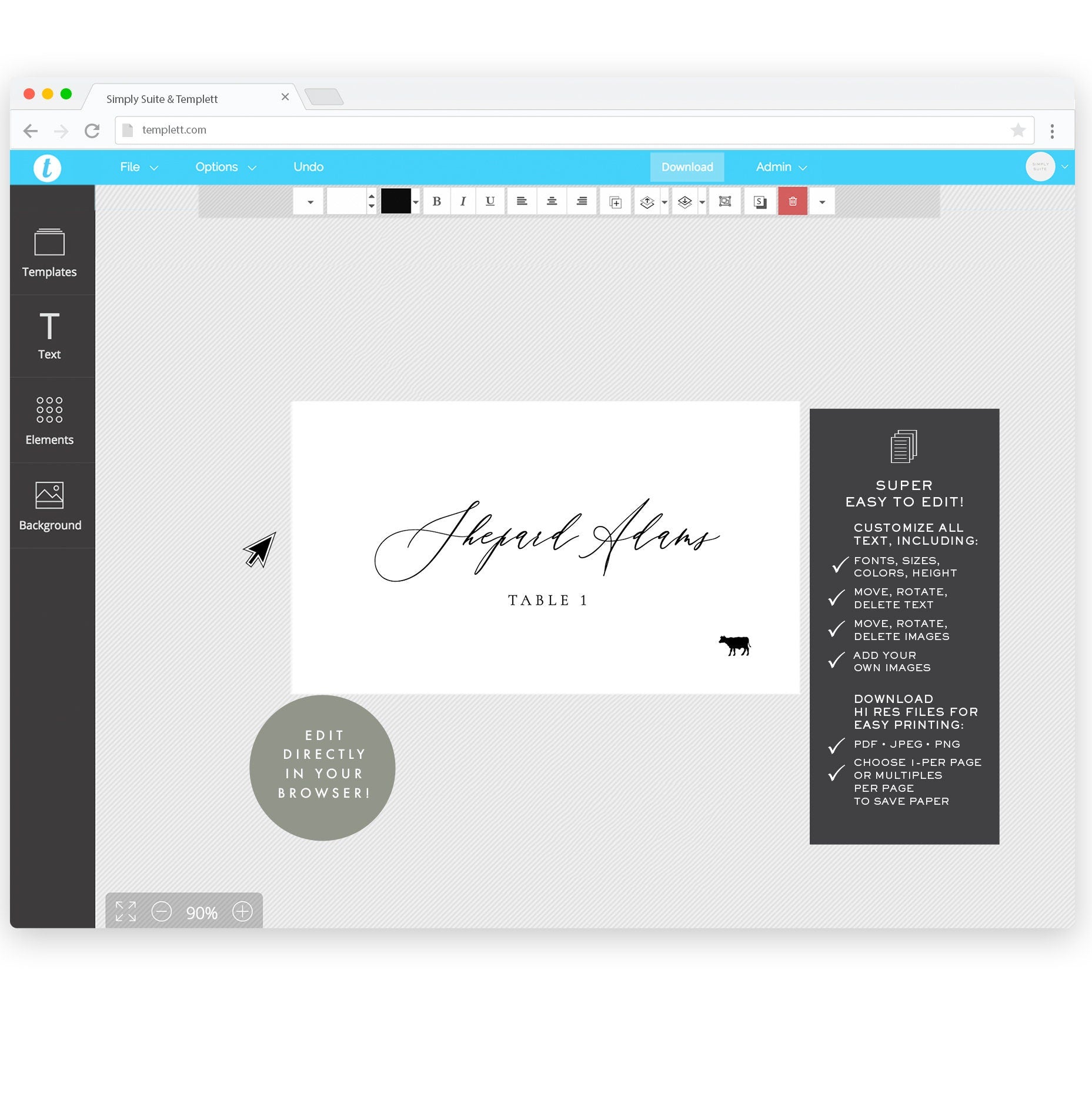 Adler: Escort Card Printable Template with Meal Icons, 3.5x2 FLAT and FOLDED, Calligraphy Tented Place Cards, Templett Instant Download