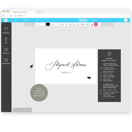Adler: Escort Card Printable Template with Meal Icons, 3.5x2 FLAT and FOLDED, Calligraphy Tented Place Cards, Templett Instant Download
