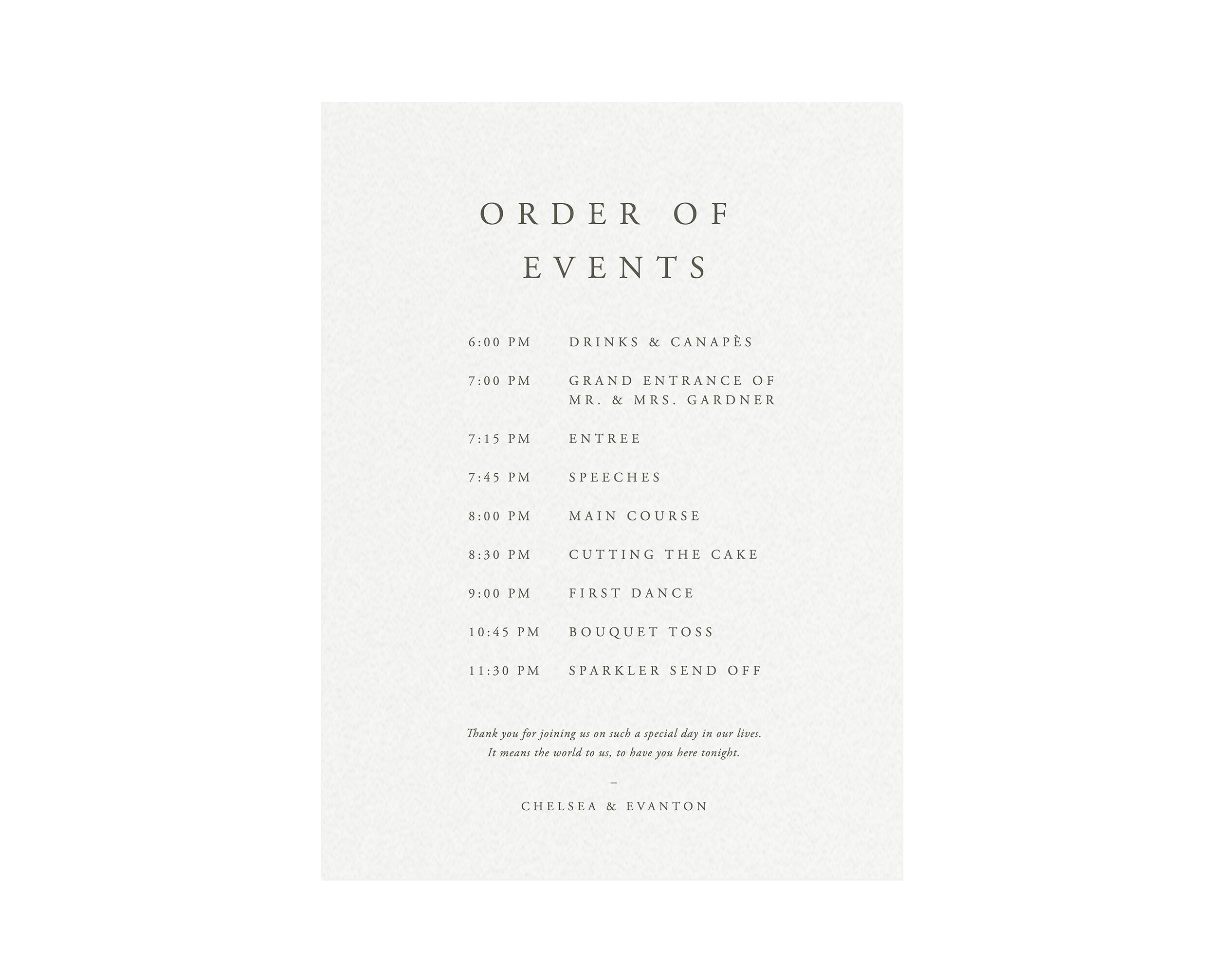 Classic Wedding Order of Events Sign: Printable Reception Template