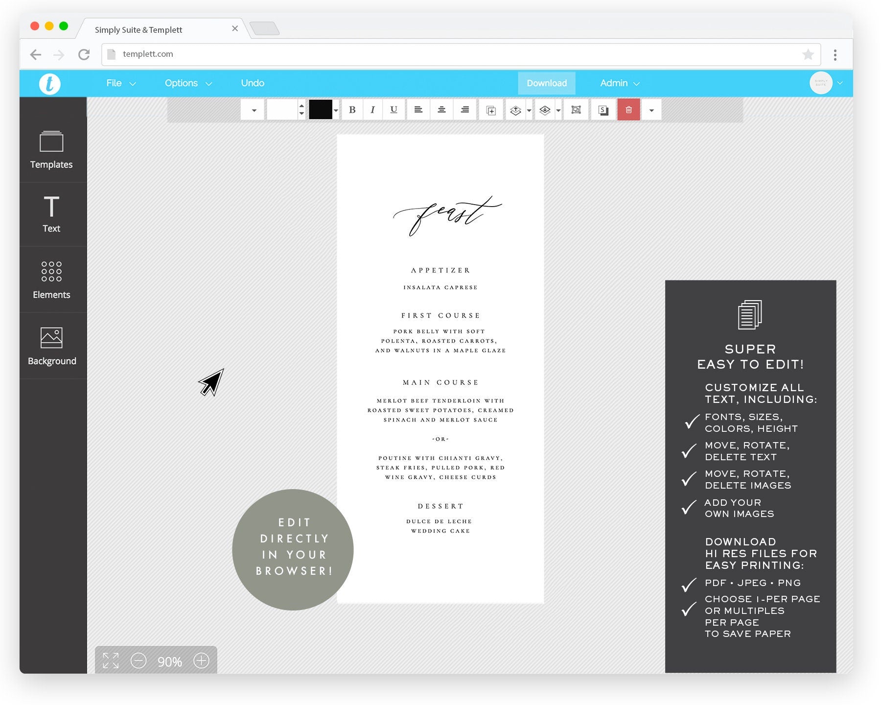 Elegant Calligraphy Wedding Menu Template: Reese, 3.75x9, 5x7 (Digital Download)