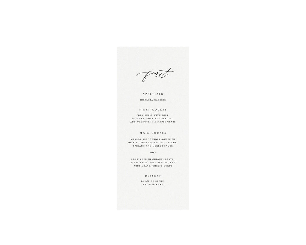 Elegant Calligraphy Wedding Menu Template: Reese, 3.75x9, 5x7 (Digital Download)
