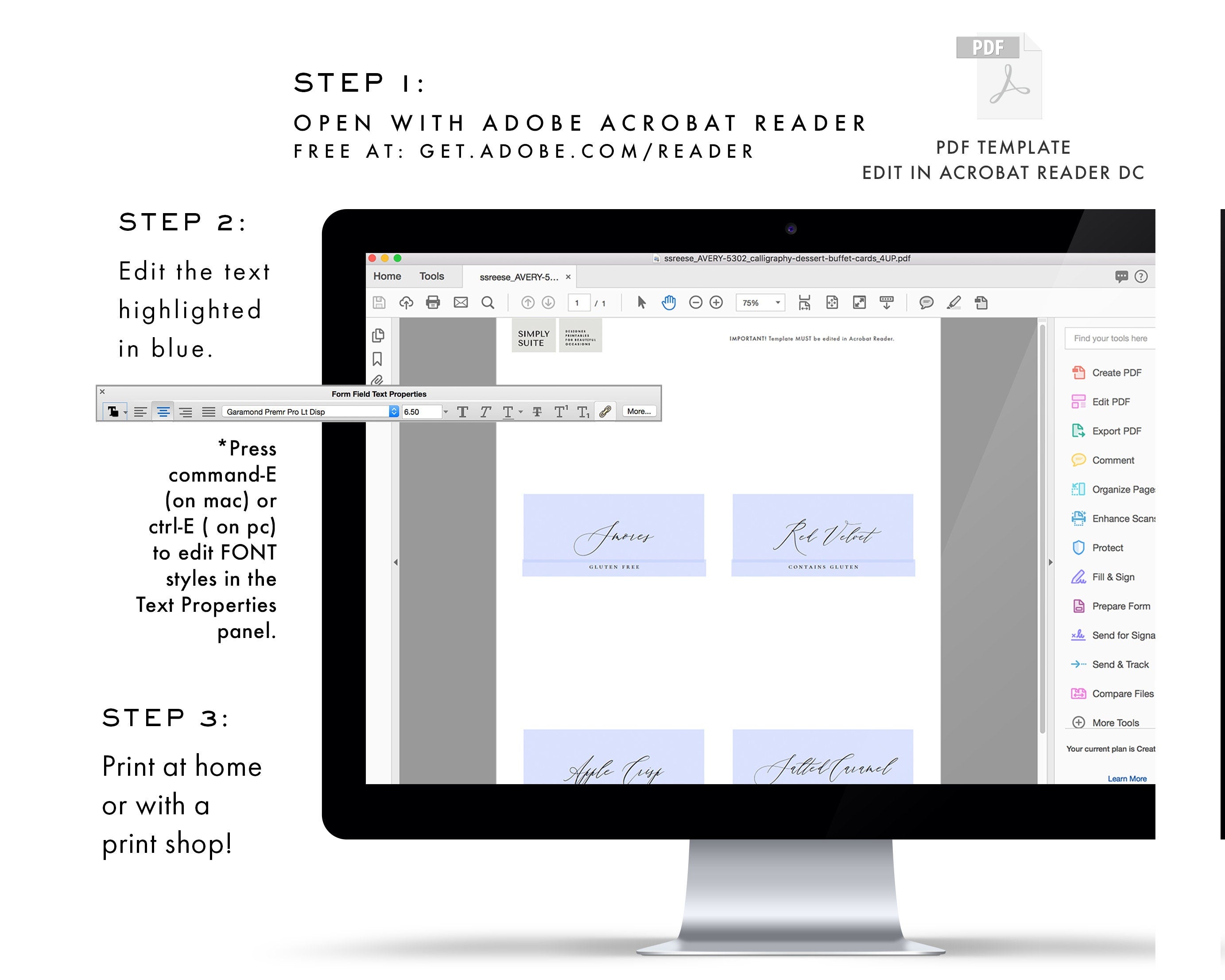 Adler Calligraphy Tent Card Template: Editable Buffet Cards (PDF Download)