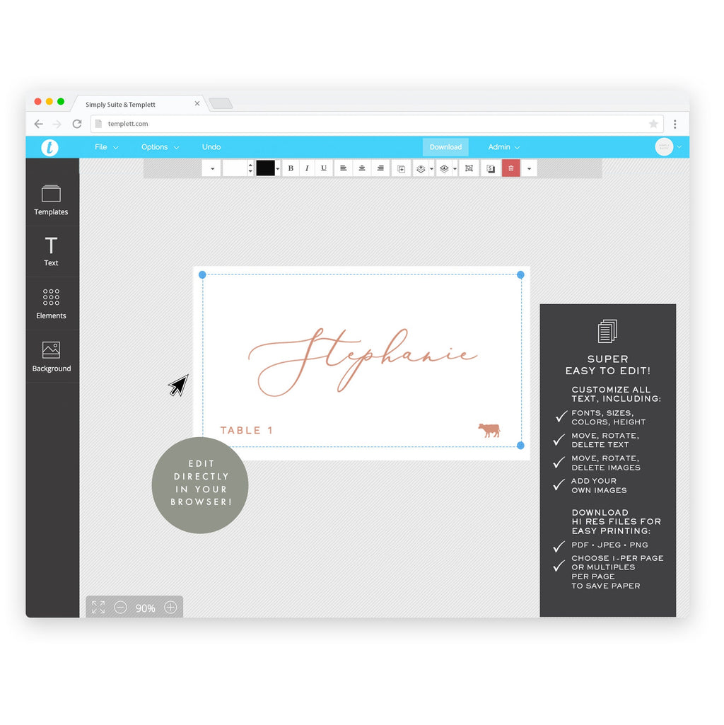 Marlow: 3.5x2 FLAT and FOLDED Escort Card Template with Meal Icons in Blush, Calligraphy Tented Place Cards, Templett Instant Download