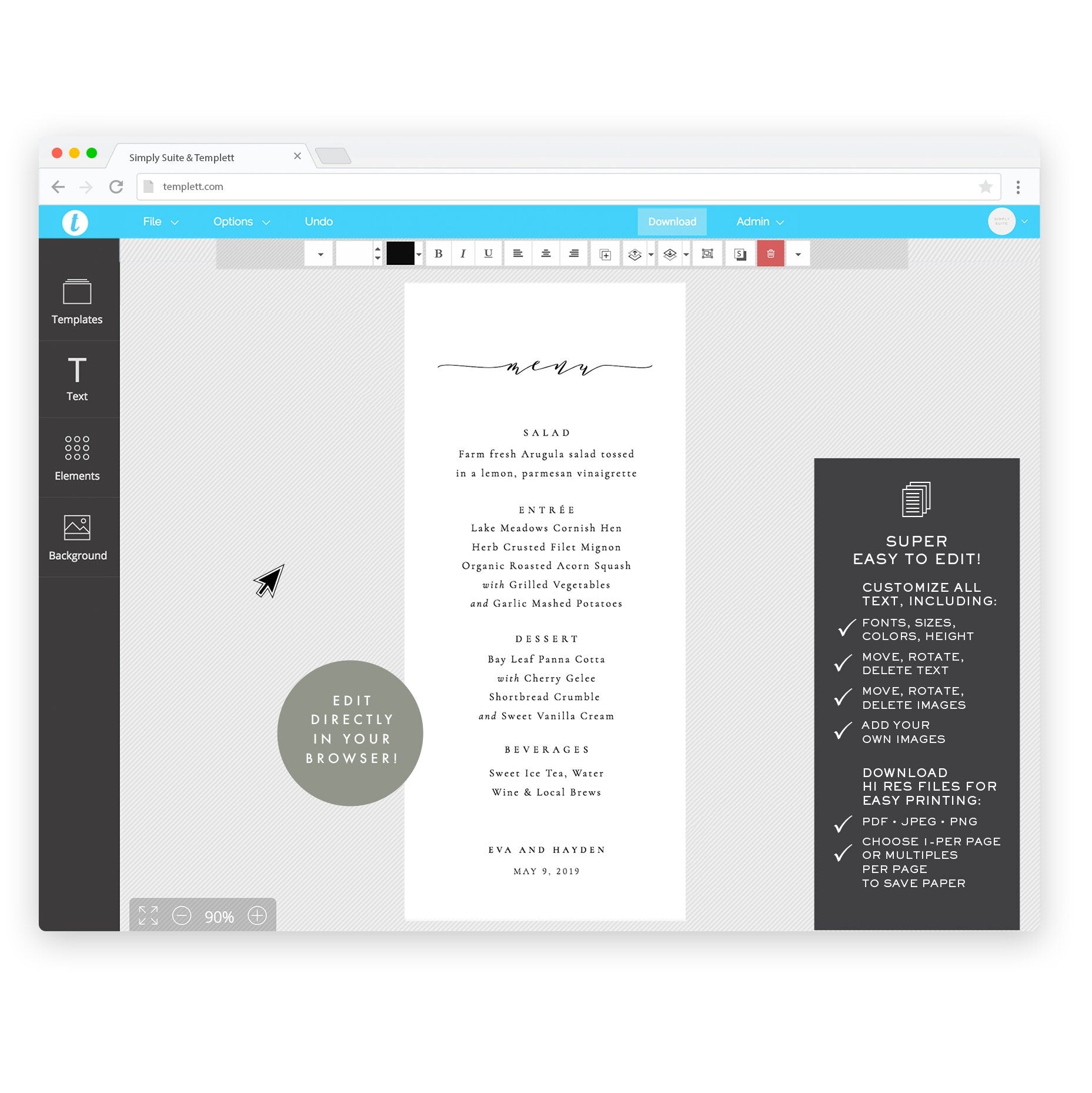 Minimalist Wedding Menu Template 4x9: Elegant Printable Dinner (Instant Download)