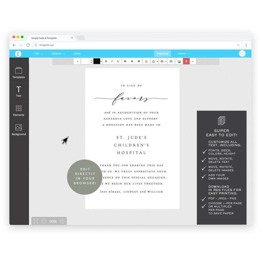 Wedding In Lieu of Favors Card: Melia Template (Digital Download)