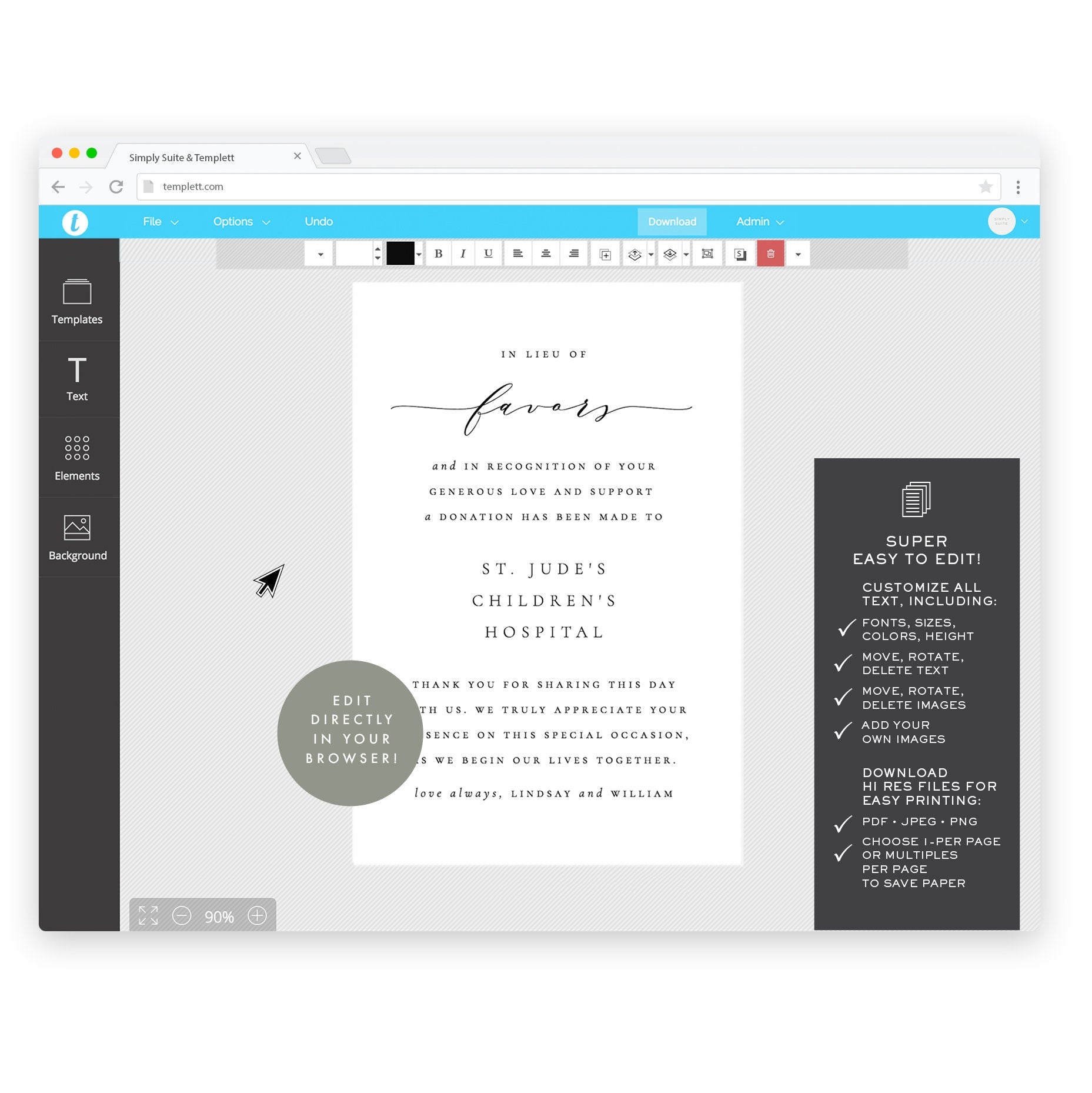 Wedding In Lieu of Favors Card: Melia Template (Digital Download)