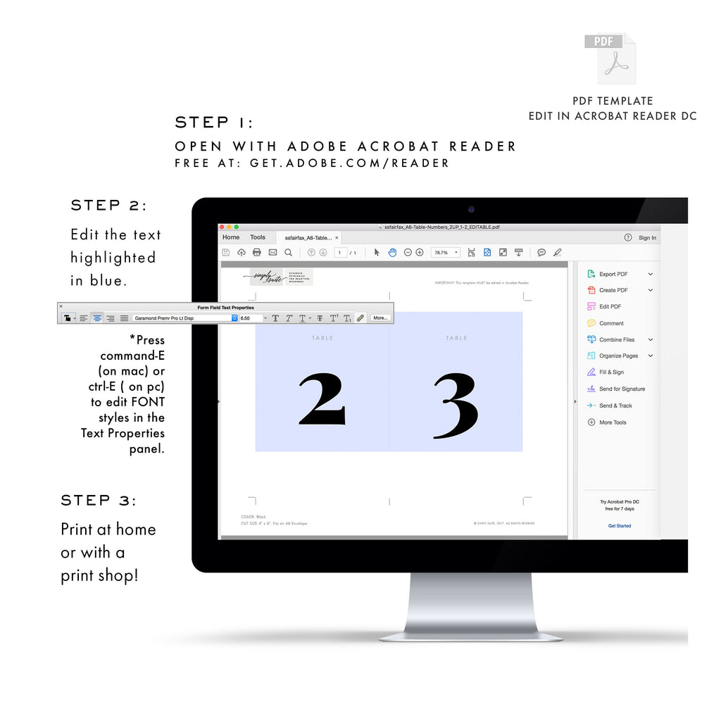 Typographic Wedding Table Number Template: Fairfax, 4x6 (PDF Instant Download)