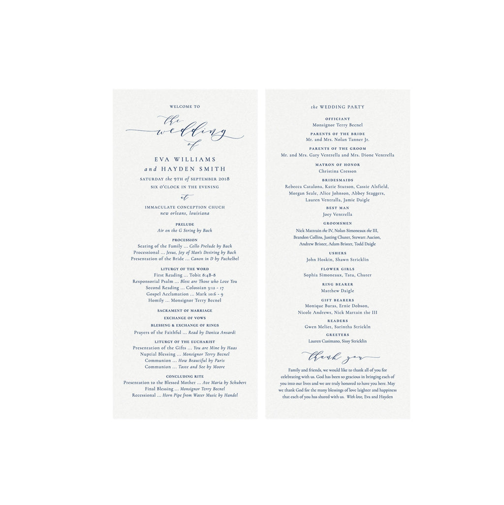 Navy Catholic Wedding Program Template: Calligraphy Printable (4x9 Instant Download)