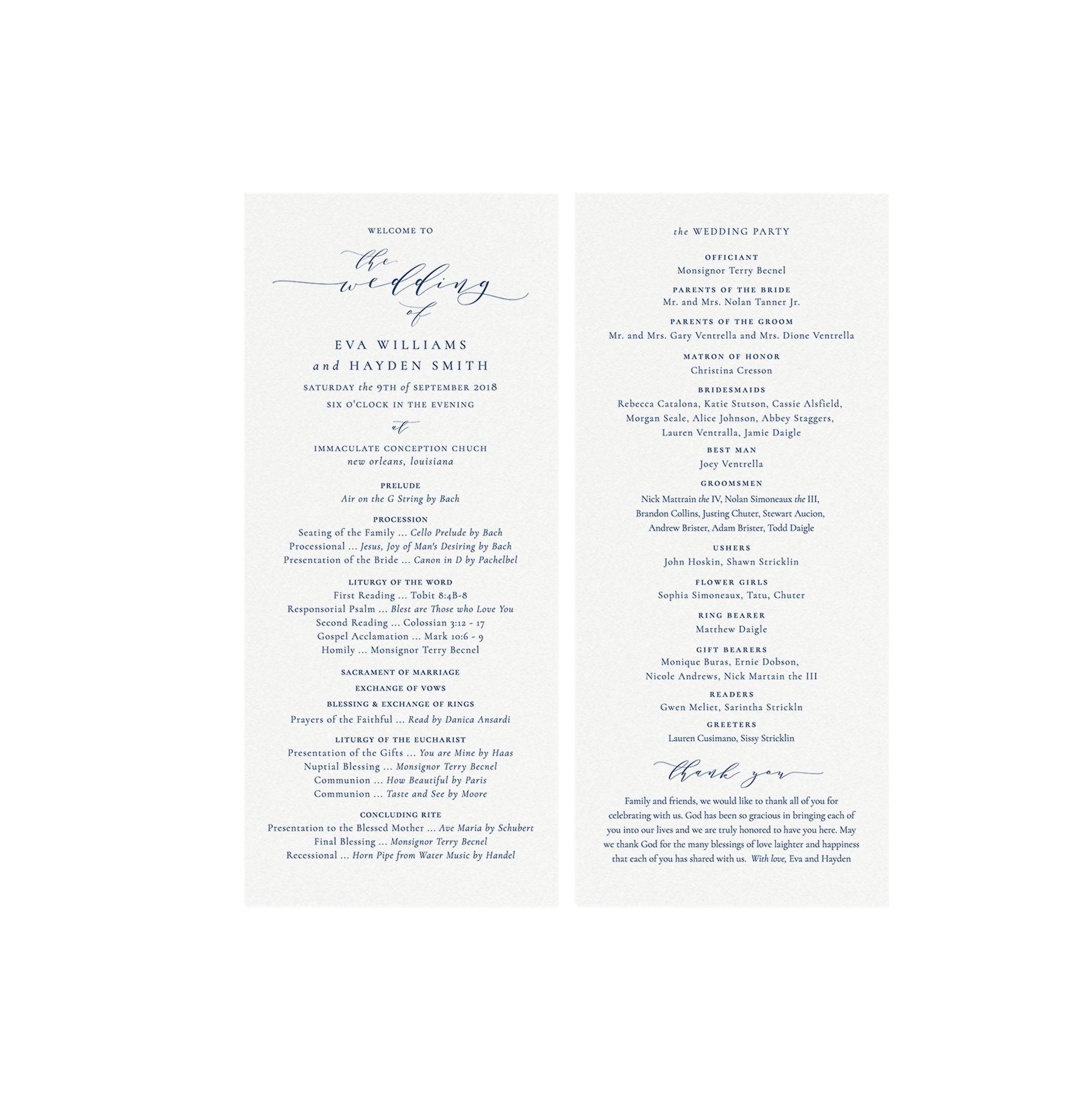 Navy Catholic Wedding Program Template: Calligraphy Printable (4x9 Instant Download)
