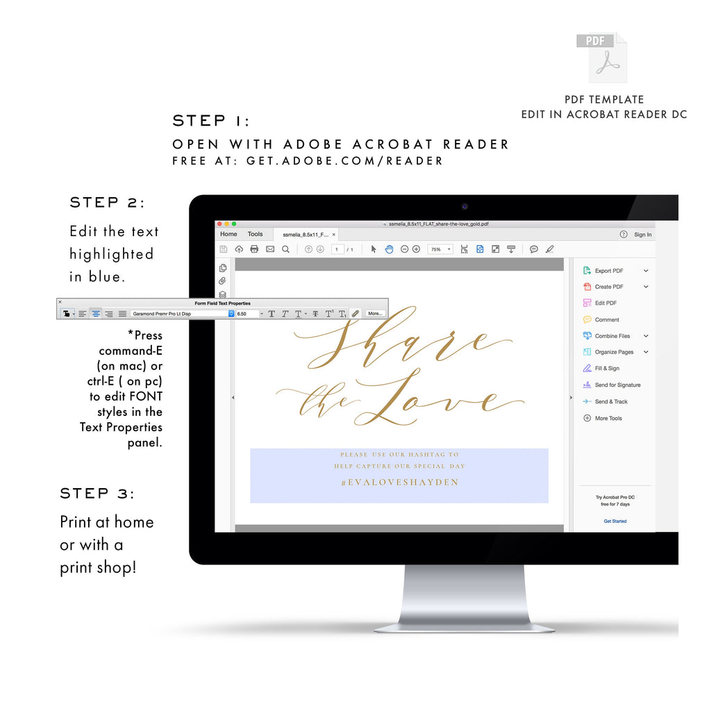 Gold Social Media Wedding Sign: Share the Love (Editable PDF Template)